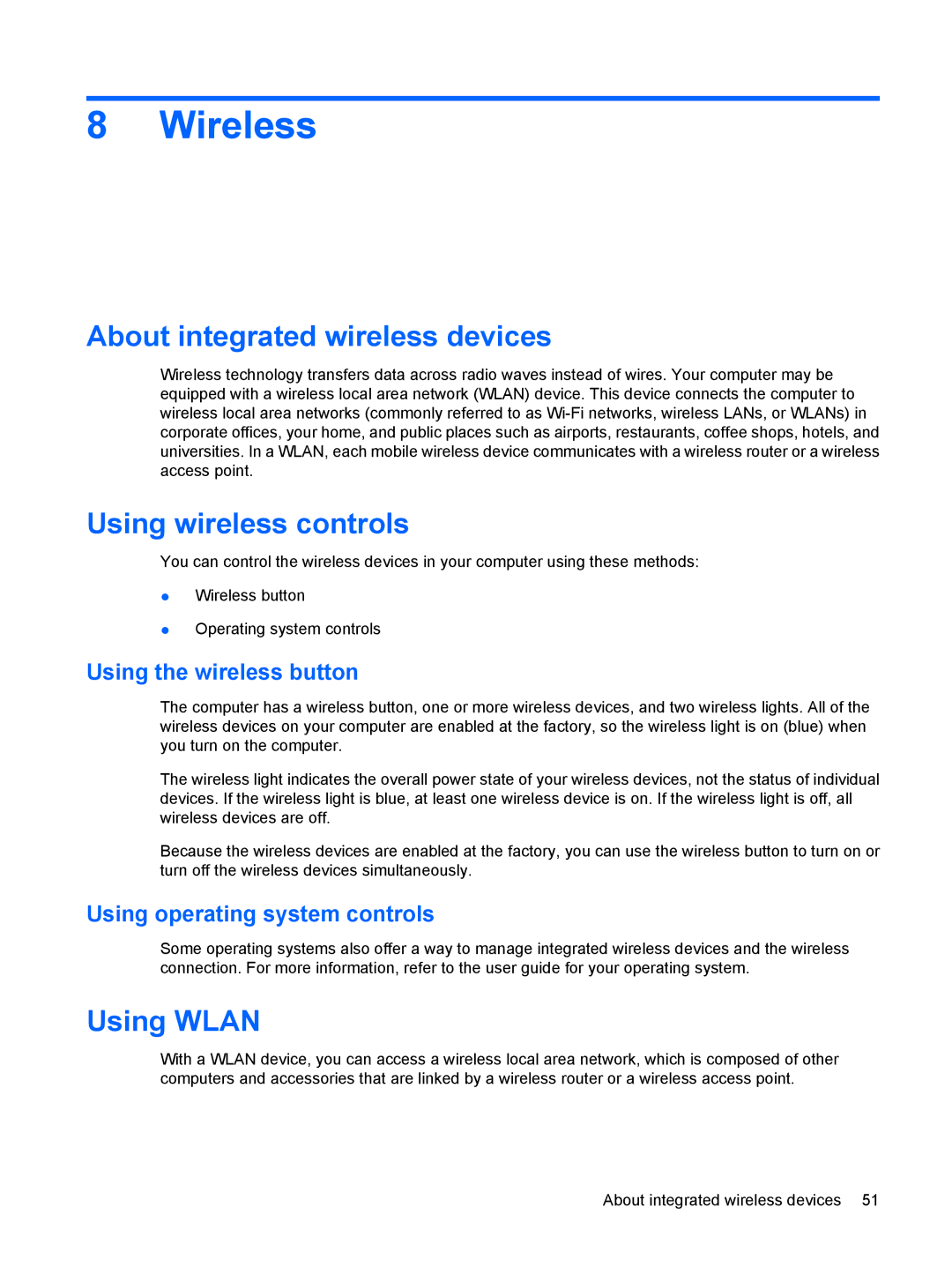 HP 2533t Mobile manual Wireless, About integrated wireless devices, Using wireless controls, Using Wlan 