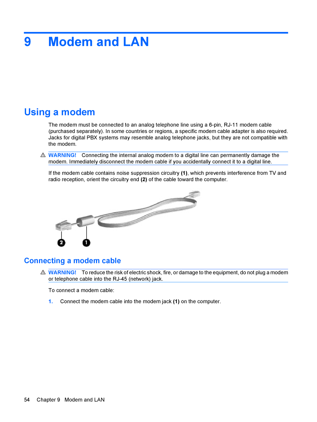 HP 2533t Mobile manual Modem and LAN, Using a modem, Connecting a modem cable 