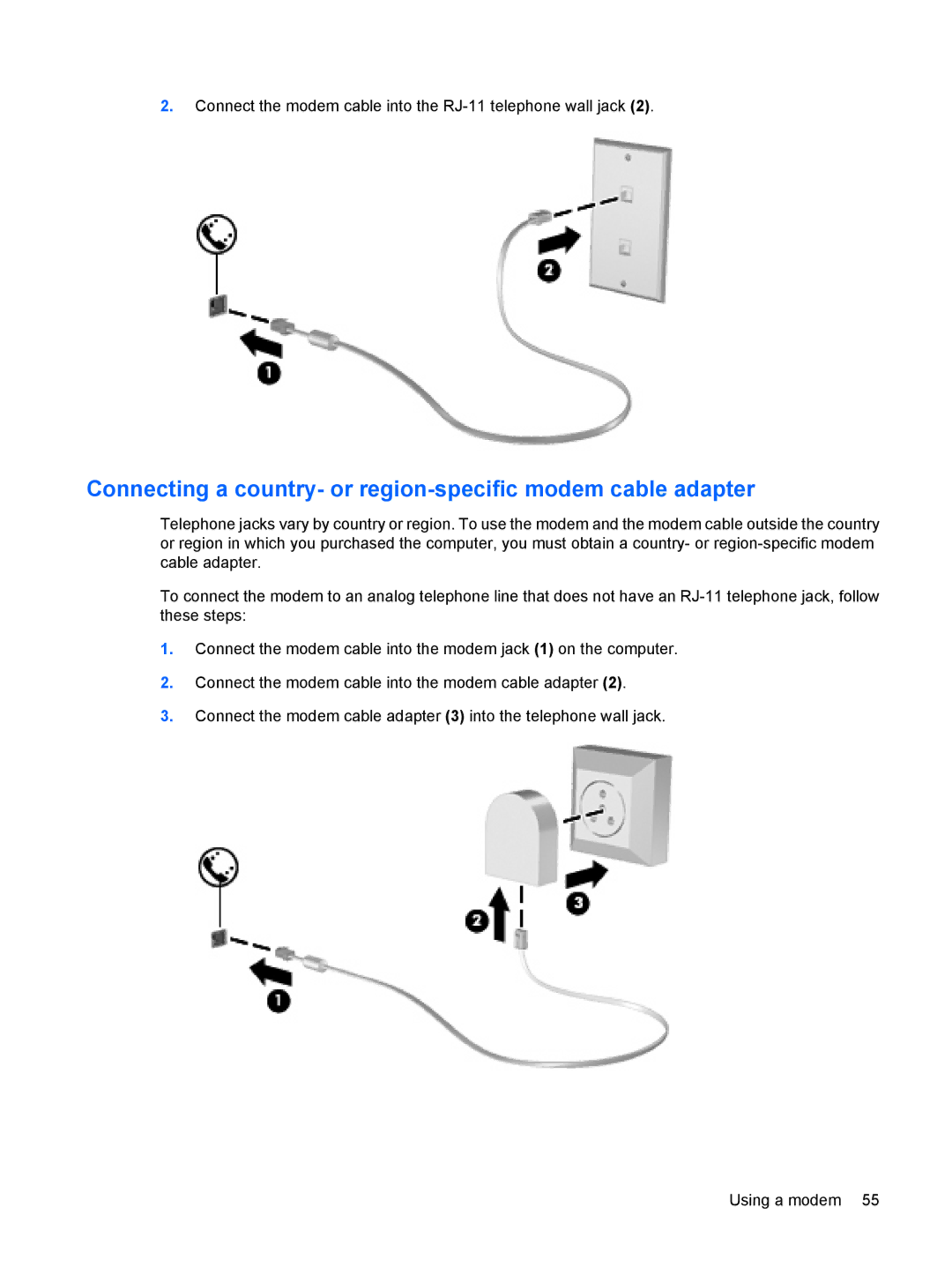 HP 2533t Mobile manual Connecting a country- or region-specific modem cable adapter 