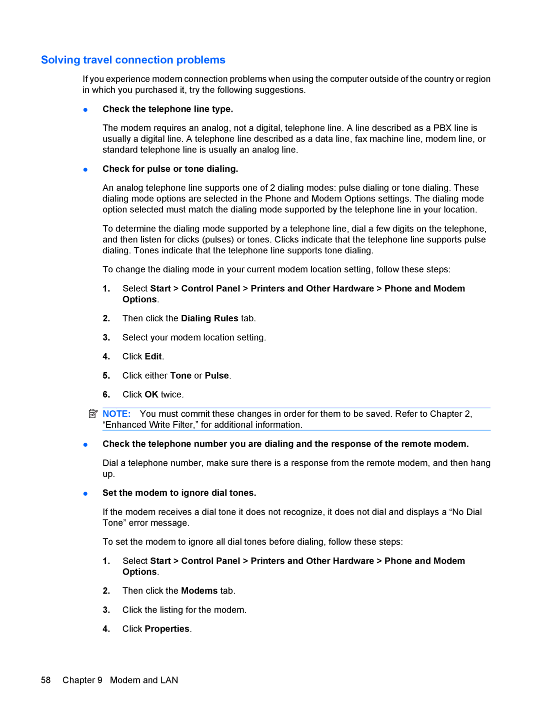 HP 2533t Mobile manual Solving travel connection problems, Check the telephone line type, Check for pulse or tone dialing 