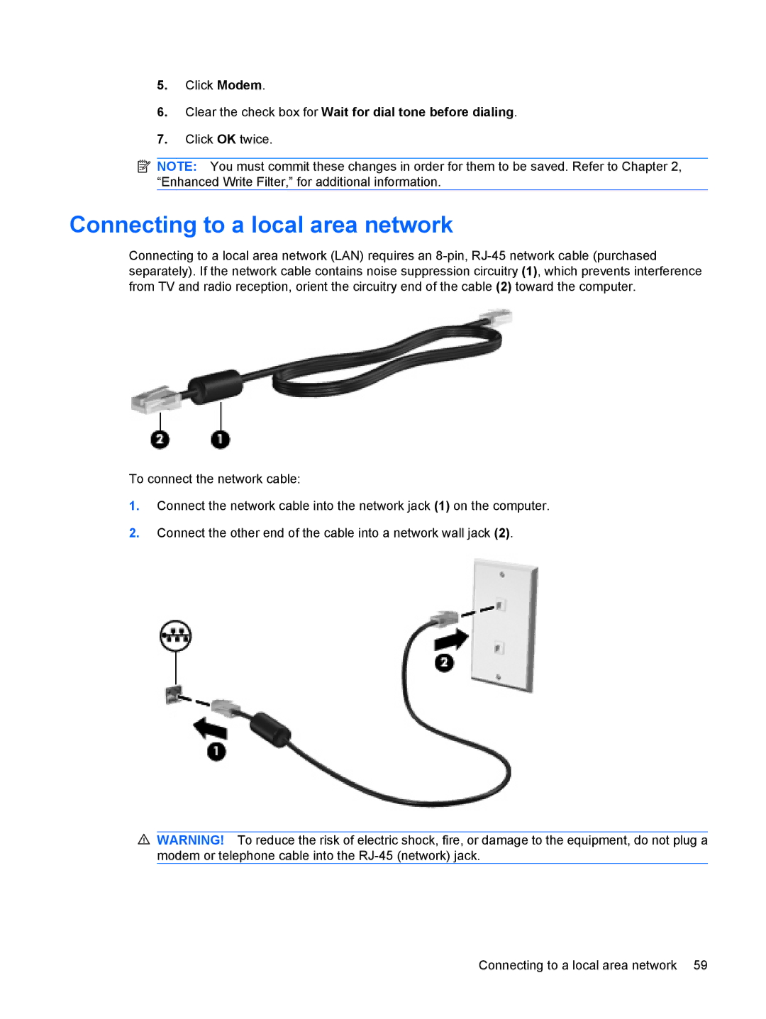 HP 2533t Mobile manual Connecting to a local area network, Clear the check box for Wait for dial tone before dialing 