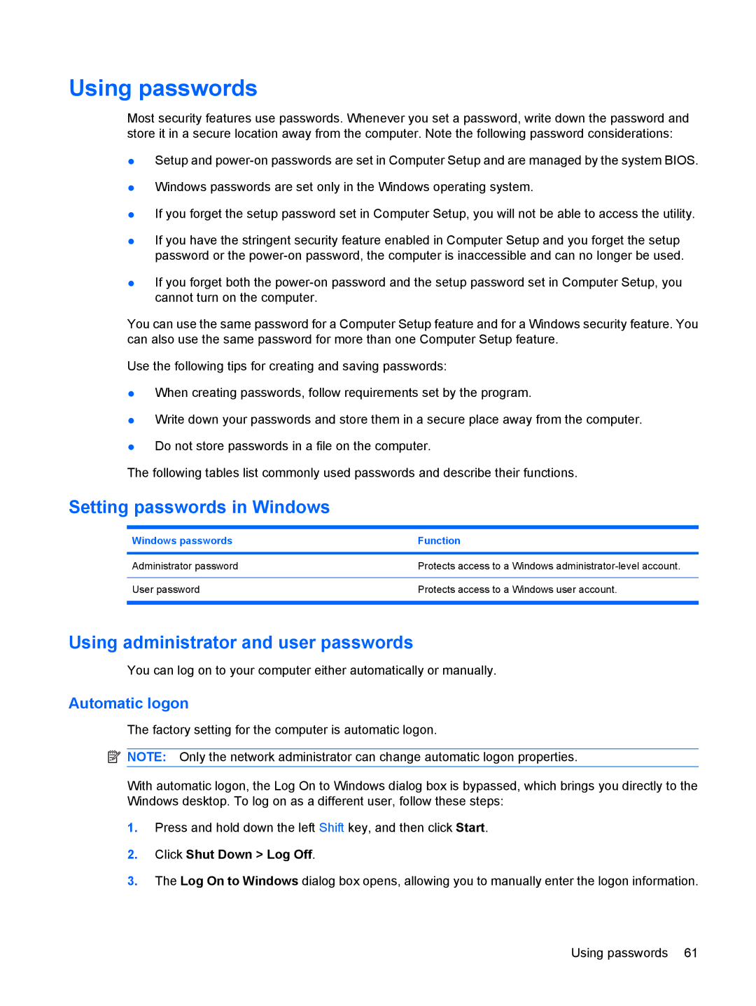 HP 2533t Mobile Using passwords, Setting passwords in Windows, Using administrator and user passwords, Automatic logon 