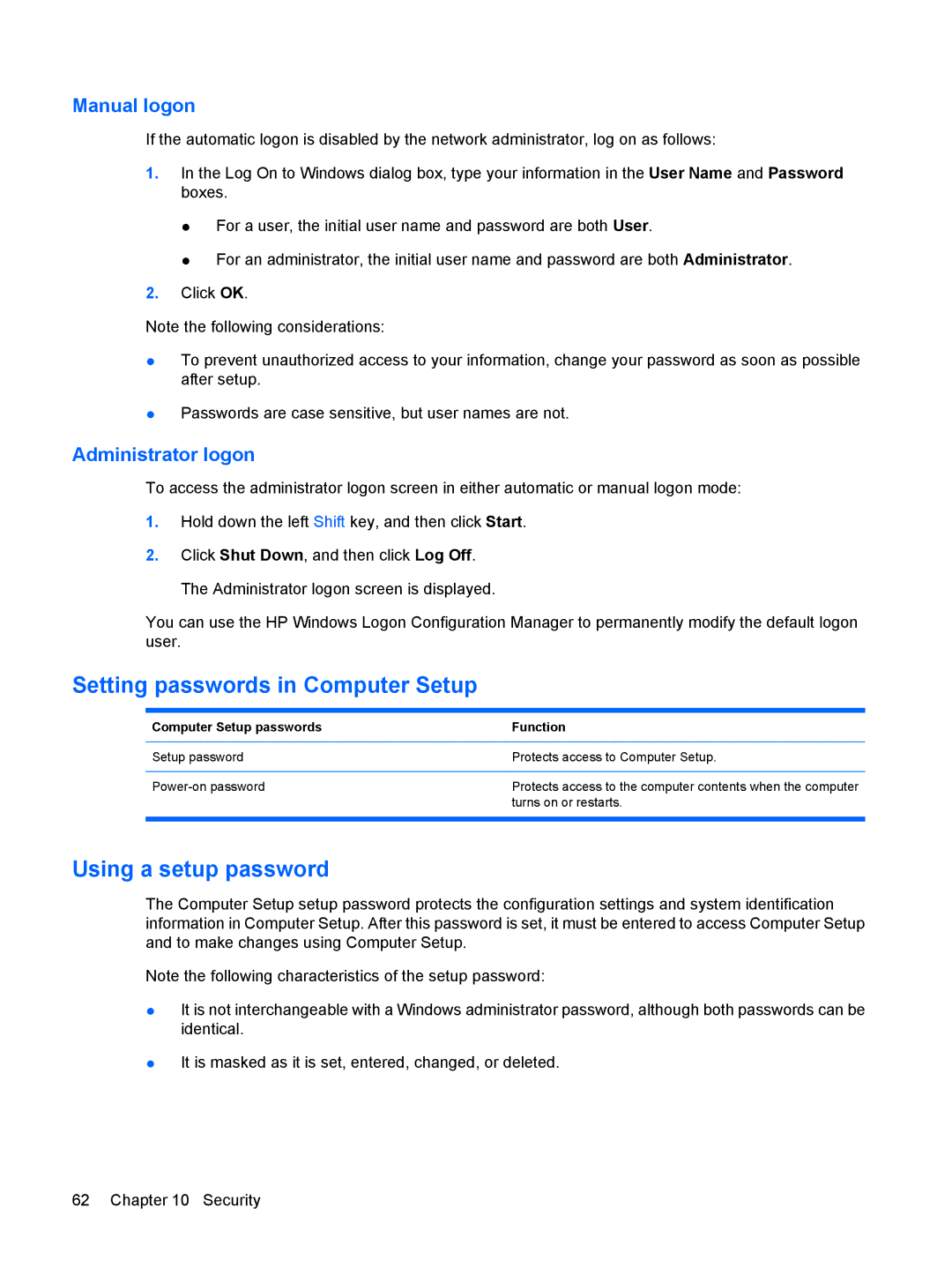 HP 2533t Mobile manual Setting passwords in Computer Setup, Using a setup password, Manual logon, Administrator logon 