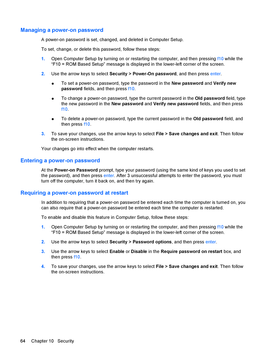 HP 2533t Mobile manual Managing a power-on password, Entering a power-on password, Requiring a power-on password at restart 