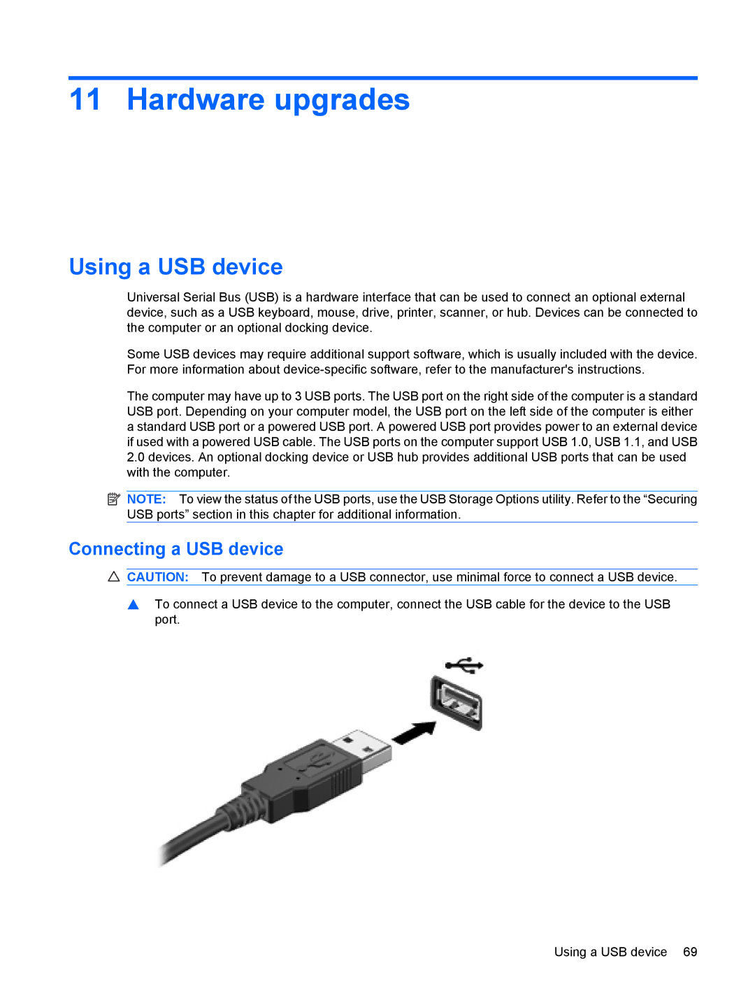 HP 2533t Mobile manual Hardware upgrades, Using a USB device, Connecting a USB device 