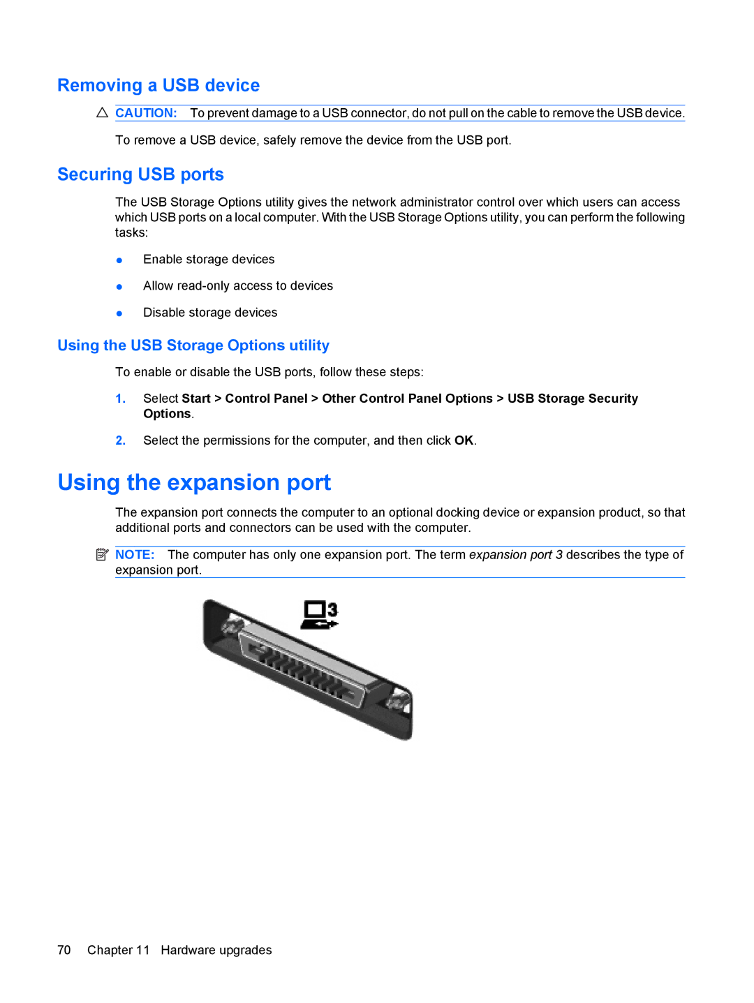 HP 2533t Mobile Using the expansion port, Removing a USB device, Securing USB ports, Using the USB Storage Options utility 