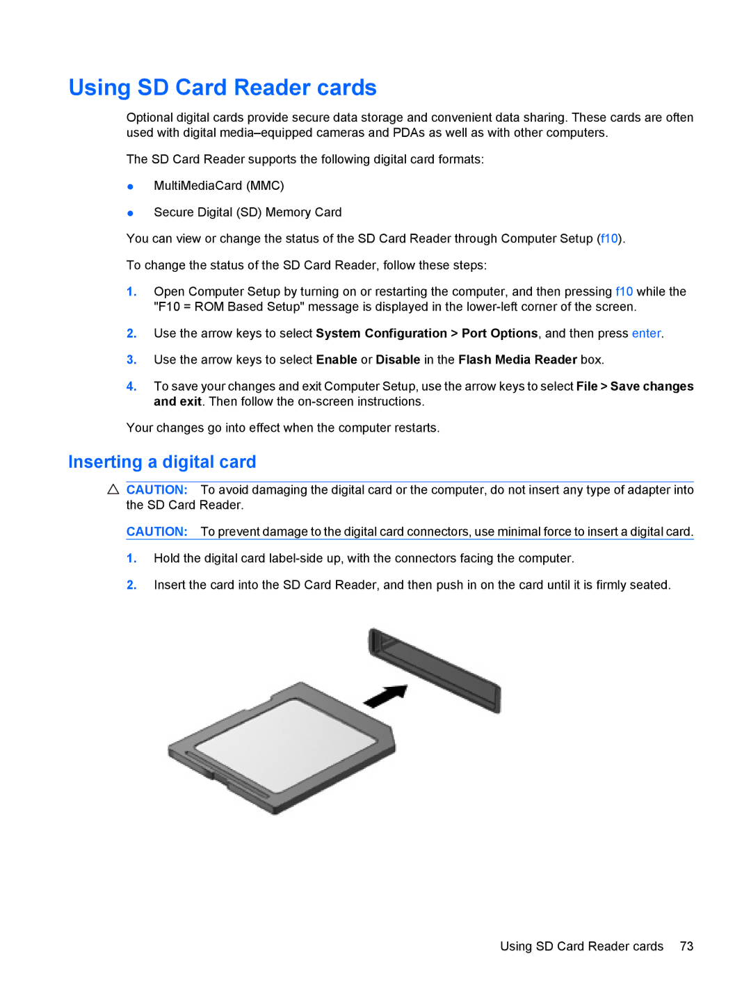 HP 2533t Mobile manual Using SD Card Reader cards, Inserting a digital card 