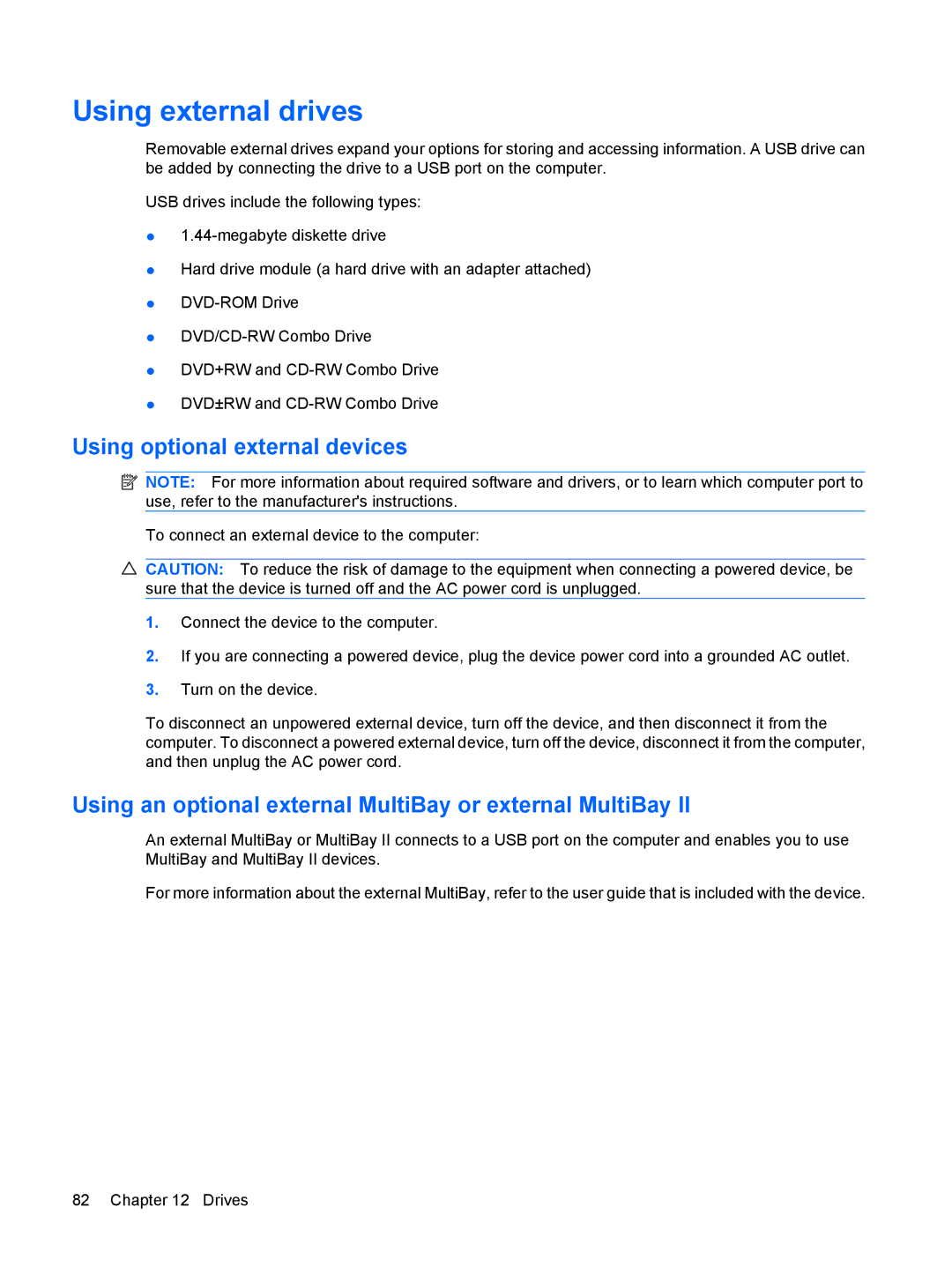 HP 2533t Mobile manual Using external drives, Using optional external devices 