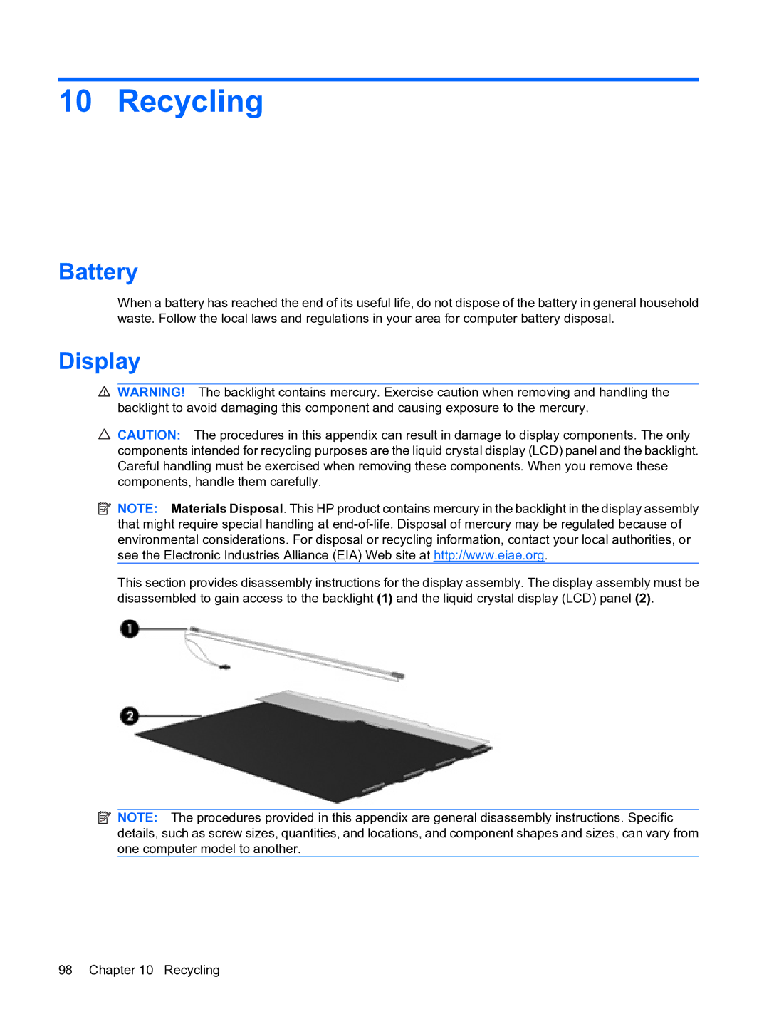 HP 2533t Mobile manual Recycling, Battery, Display 