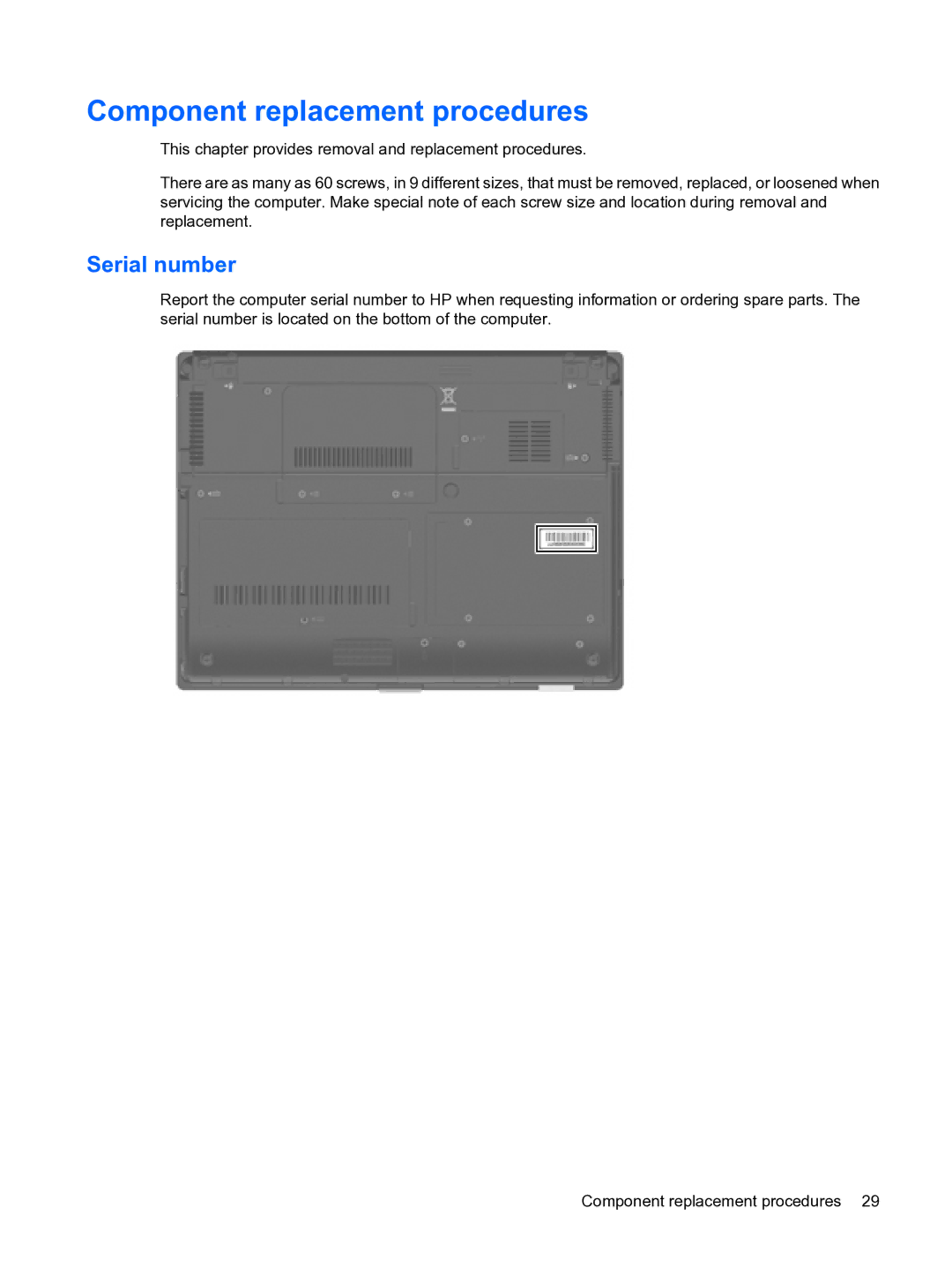 HP 2533t Mobile manual Component replacement procedures, Serial number 