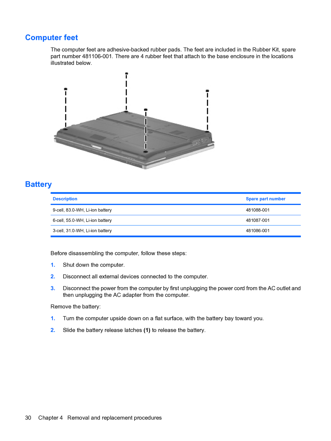 HP 2533t Mobile manual Computer feet, Battery 