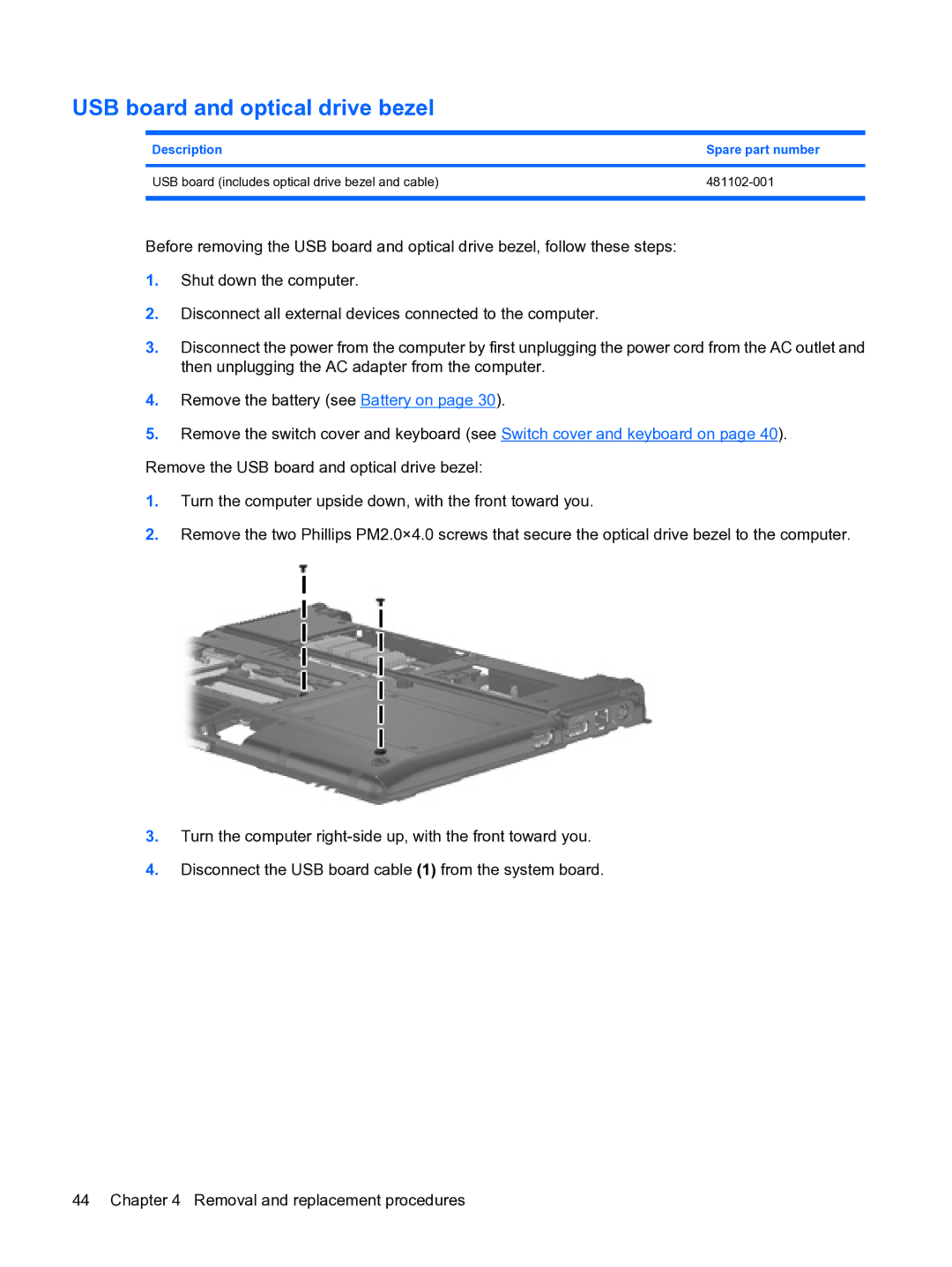 HP 2533t Mobile manual USB board and optical drive bezel 