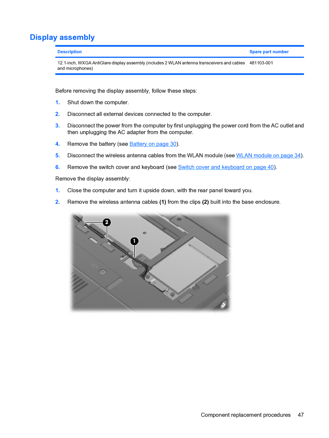 HP 2533t Mobile manual Display assembly, Description Spare part number 