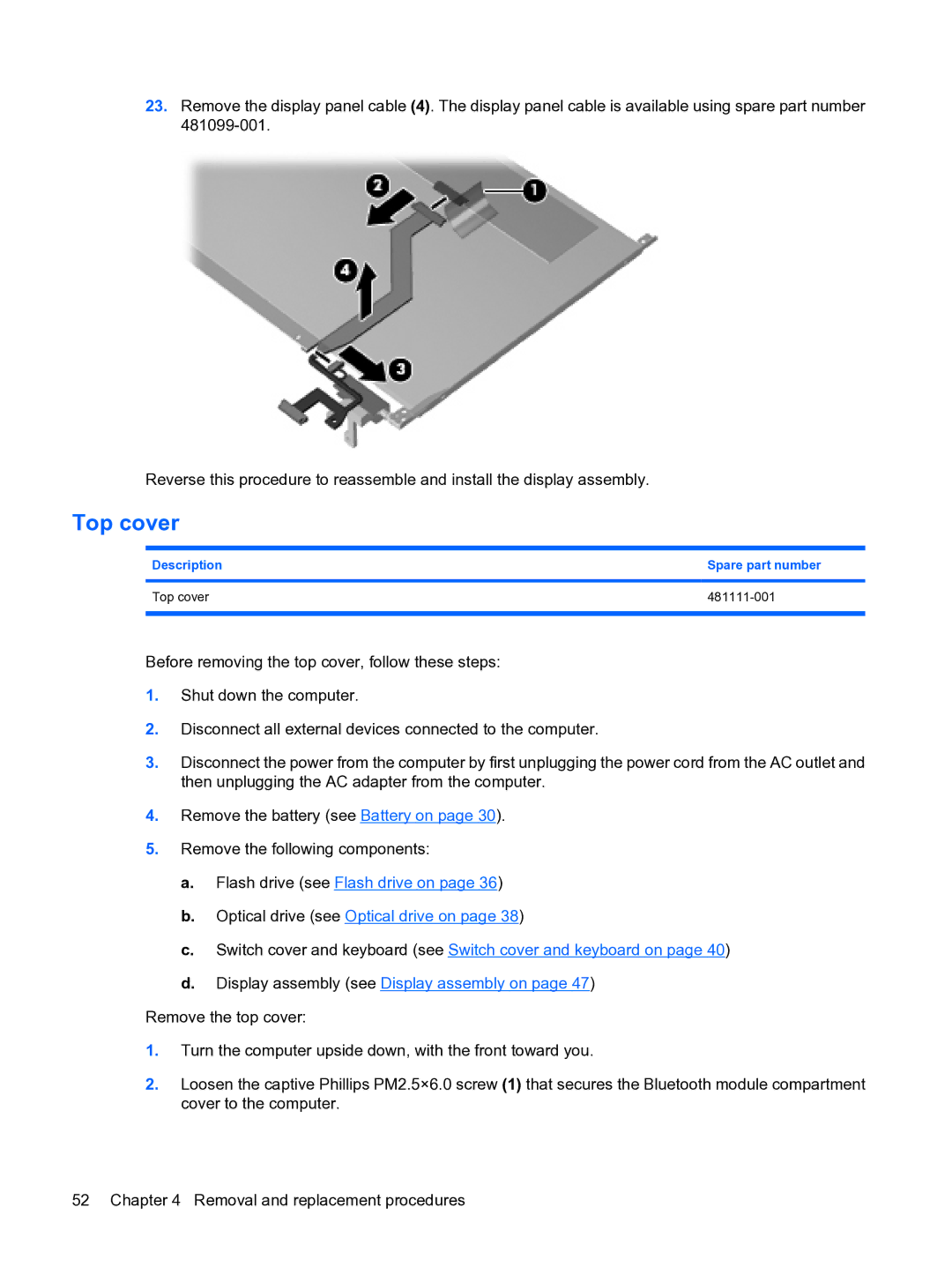 HP 2533t Mobile manual Description Spare part number Top cover 481111-001 