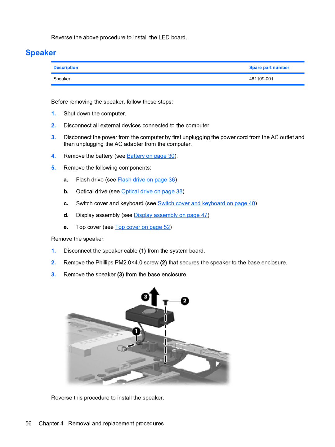 HP 2533t Mobile manual Description Spare part number Speaker 481109-001 