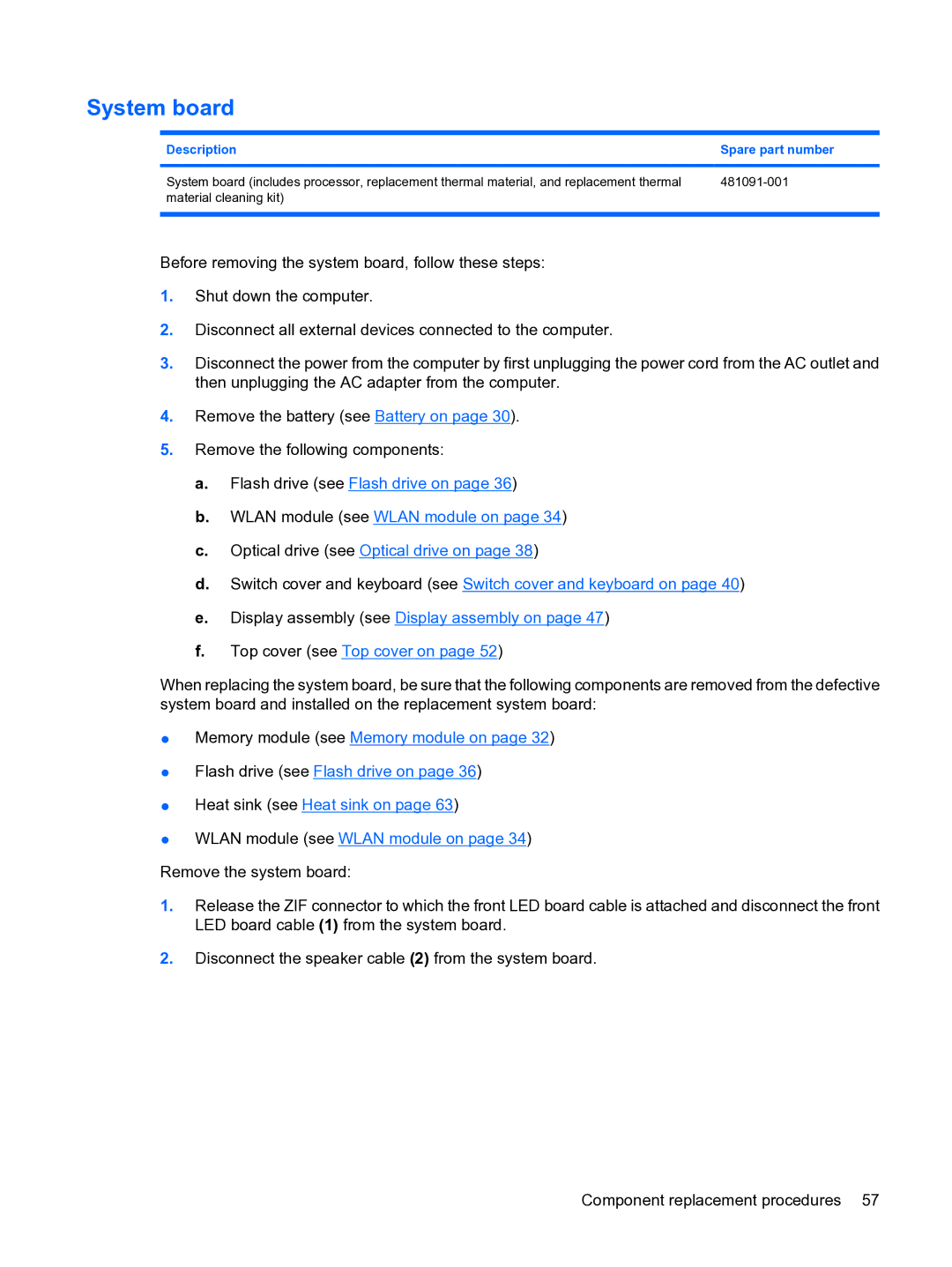 HP 2533t Mobile manual System board, Description Spare part number 