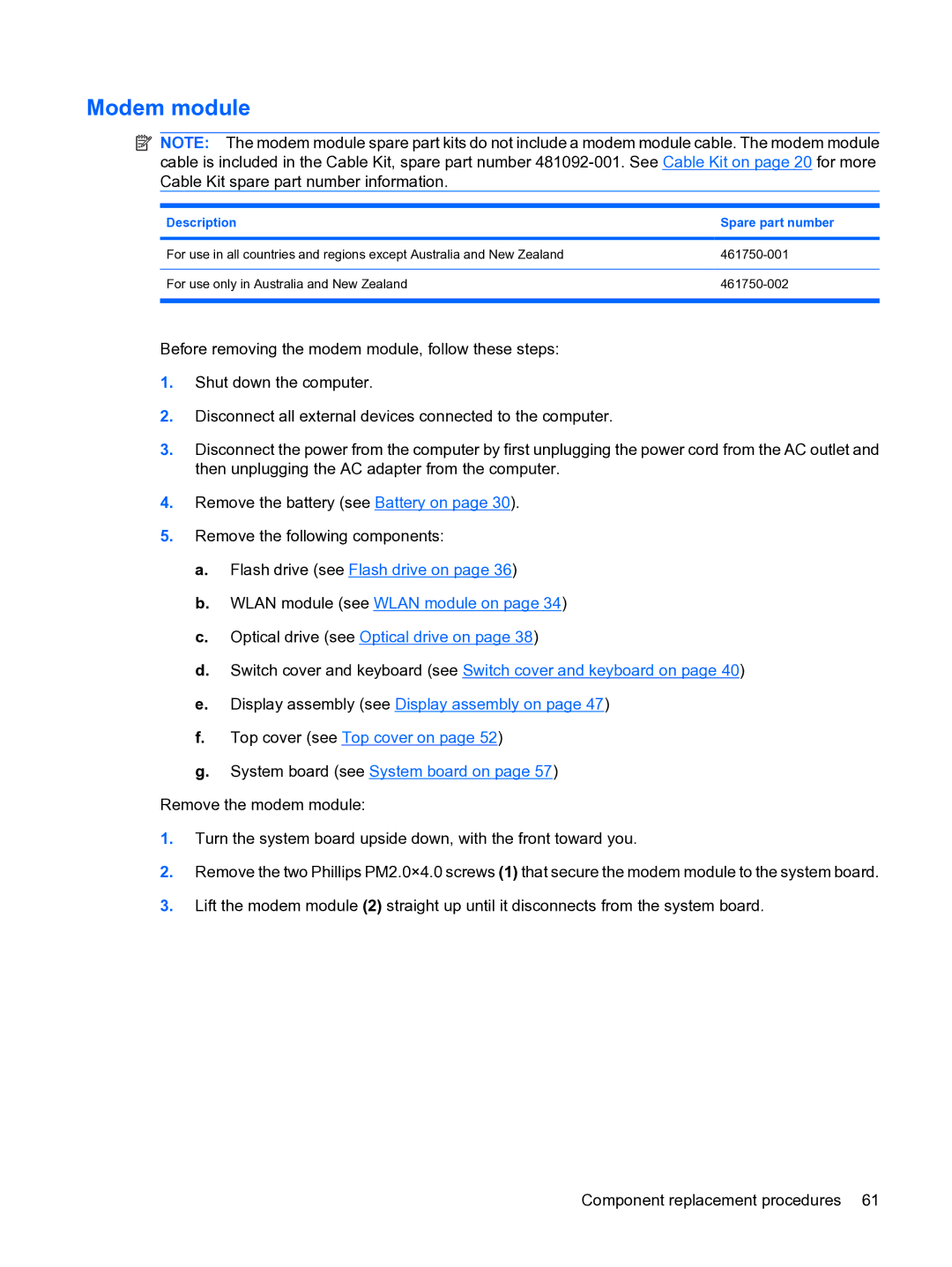 HP 2533t Mobile manual Modem module, Description Spare part number 