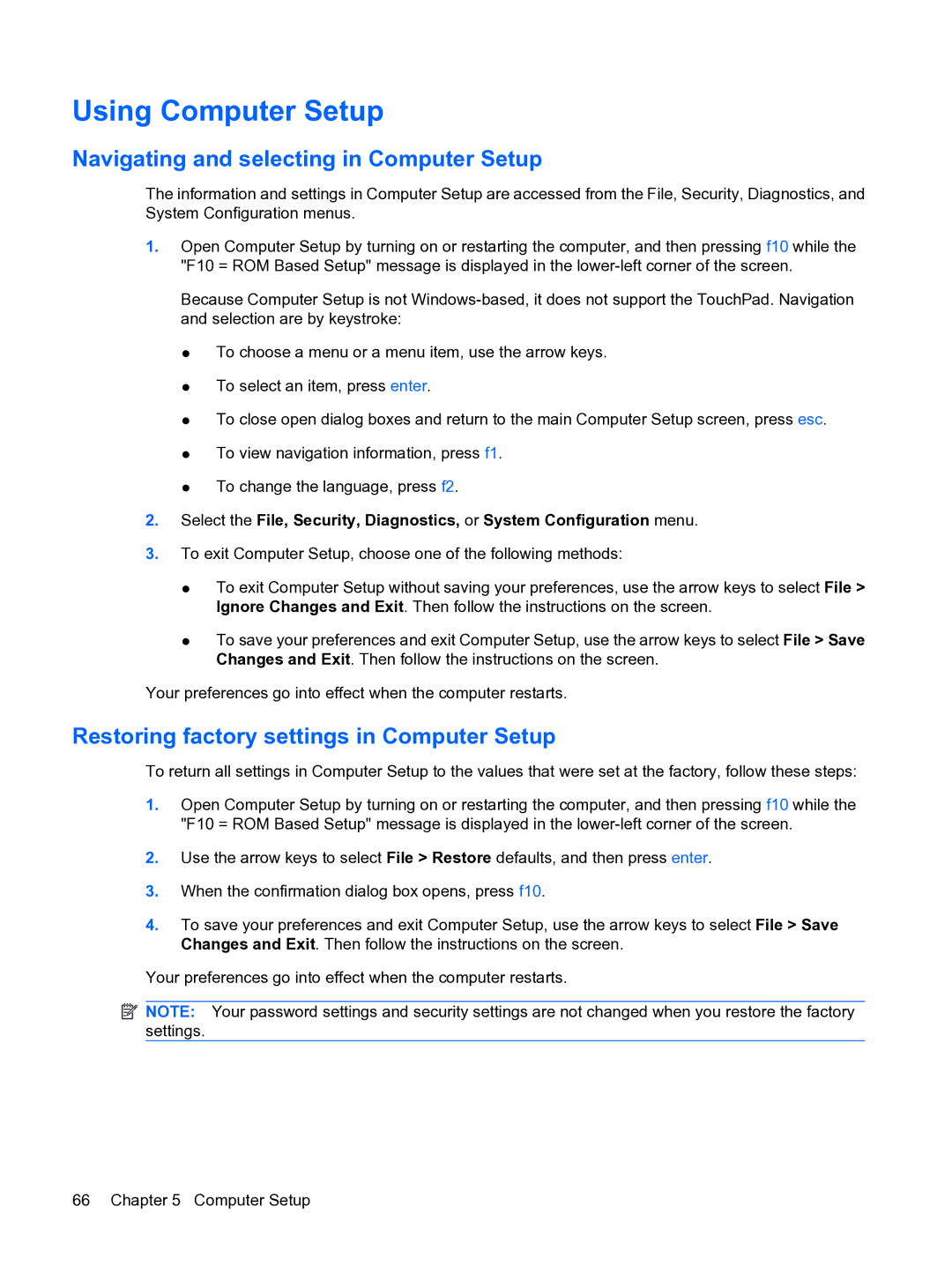 HP 2533t Mobile manual Using Computer Setup, Navigating and selecting in Computer Setup 