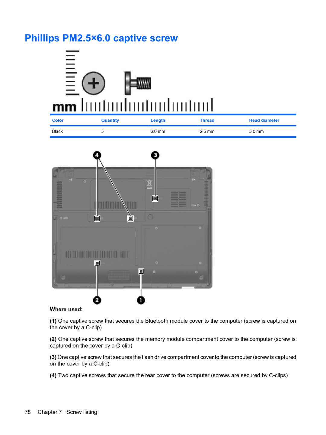 HP 2533t Mobile manual Phillips PM2.5×6.0 captive screw, Color Quantity Length Thread Head diameter Black 