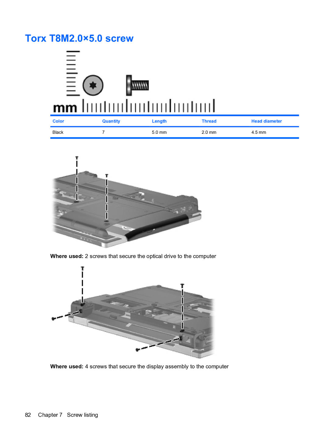 HP 2533t Mobile manual Torx T8M2.0×5.0 screw, Color Quantity Length Thread Head diameter Black 