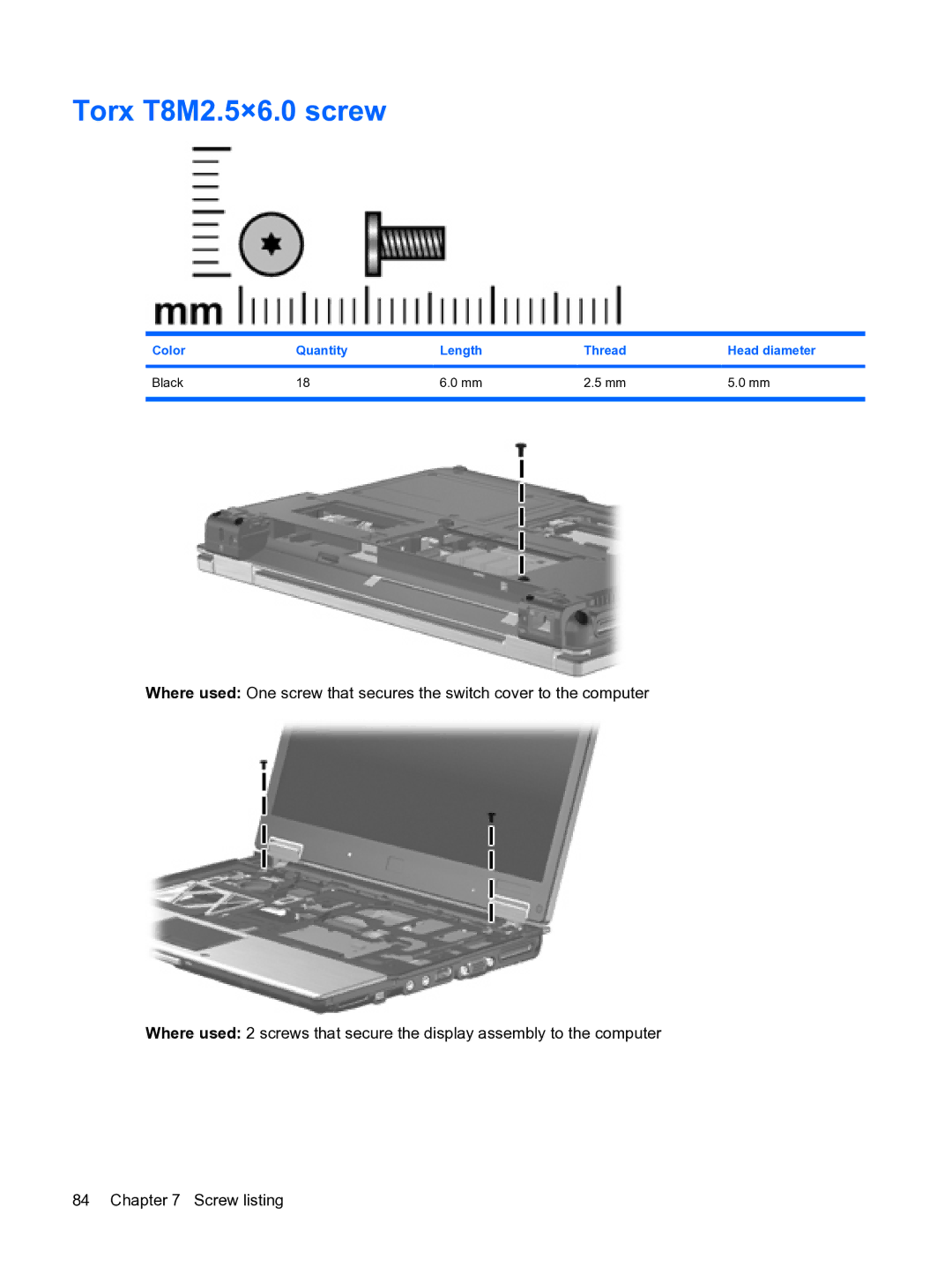 HP 2533t Mobile manual Torx T8M2.5×6.0 screw 