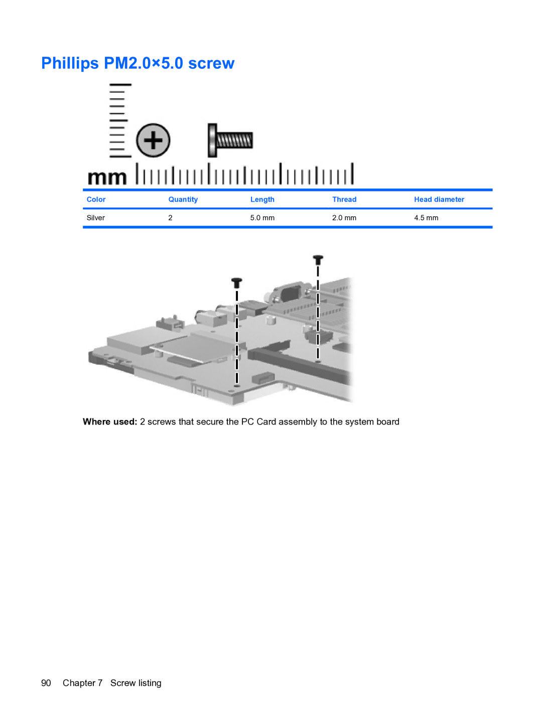 HP 2533t Mobile manual Phillips PM2.0×5.0 screw, Color Quantity Length Thread Head diameter Silver 