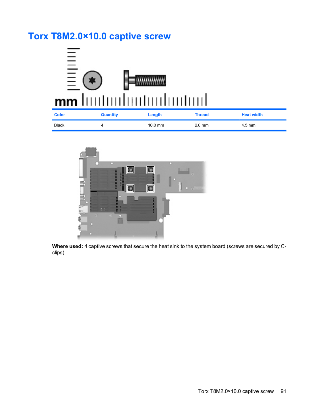 HP 2533t Mobile manual Torx T8M2.0×10.0 captive screw, Color Quantity Length Thread Heat width Black 10.0 mm 