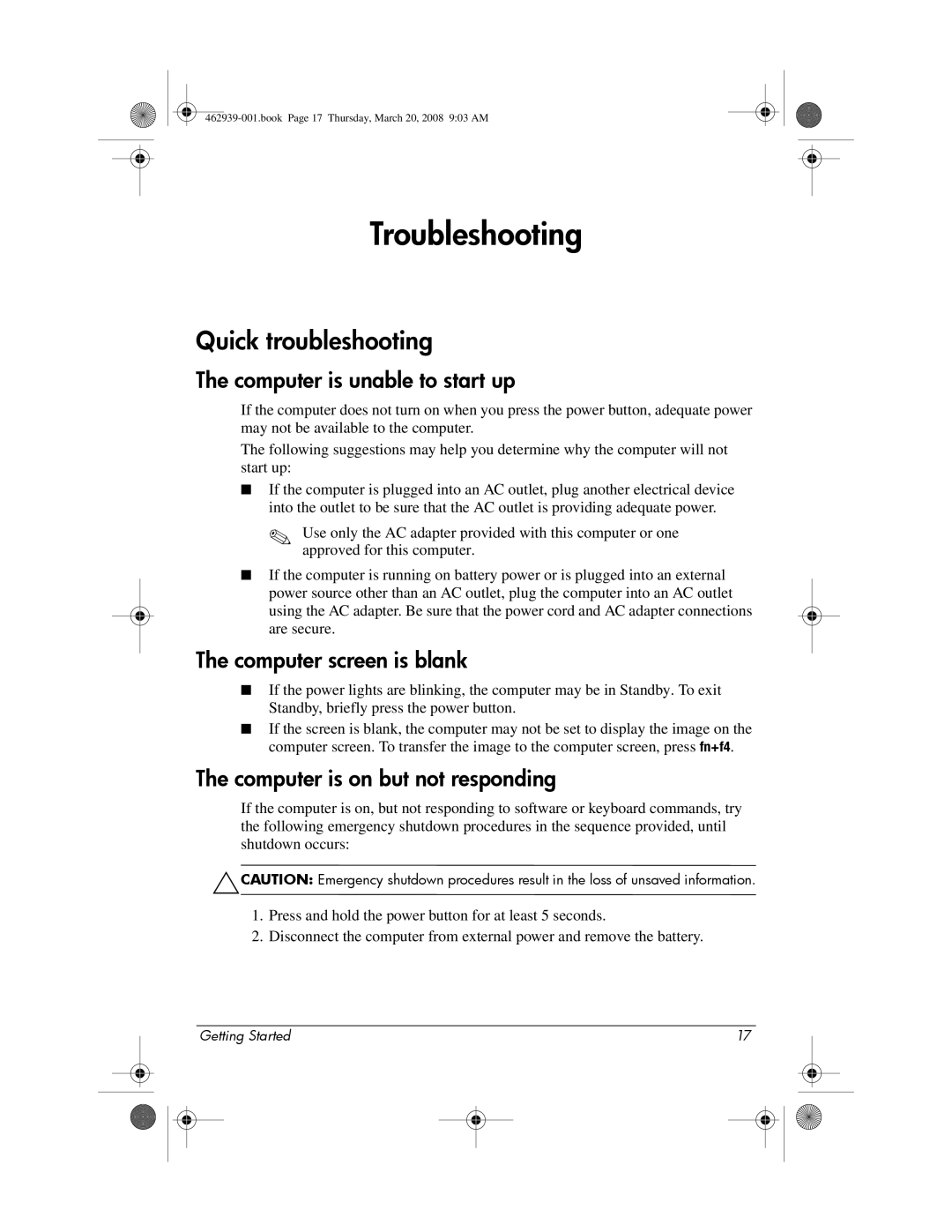 HP 2533T manual Quick troubleshooting, Computer is unable to start up, Computer screen is blank 