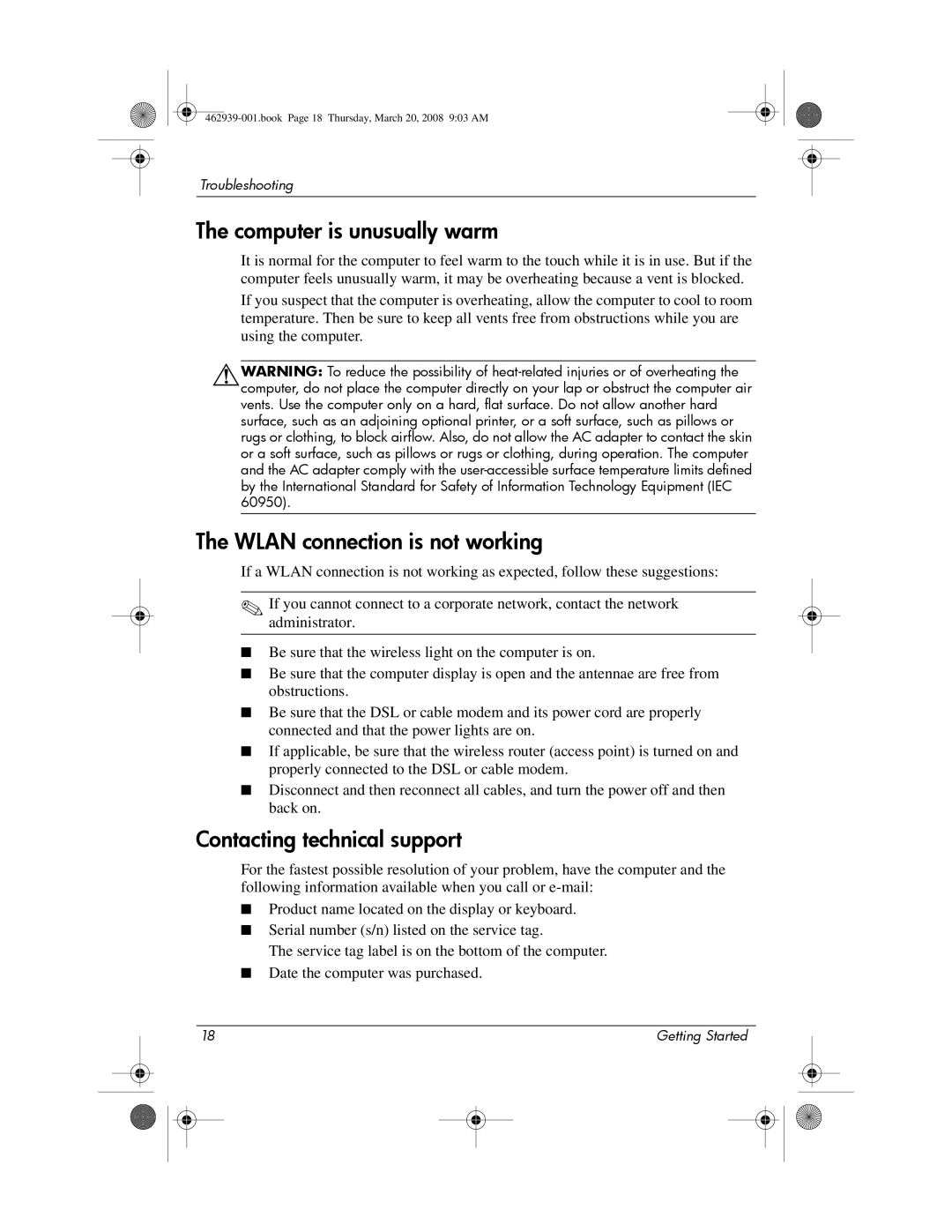 HP 2533T manual Computer is unusually warm, Wlan connection is not working, Contacting technical support 