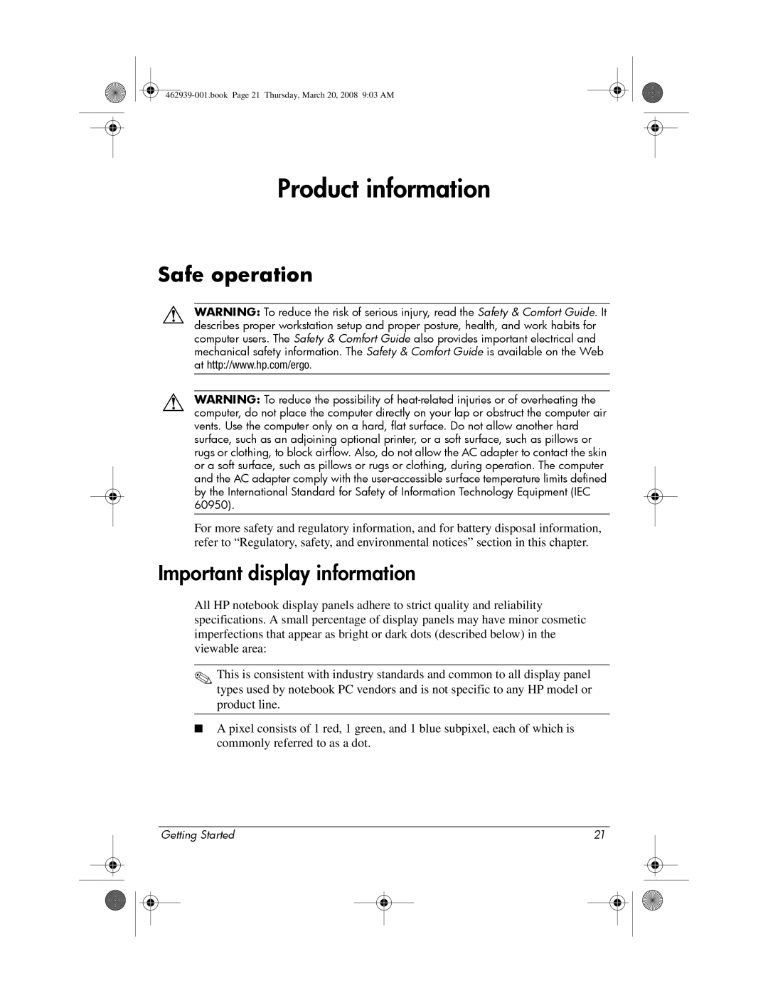 HP 2533T manual Product information, Important display information 