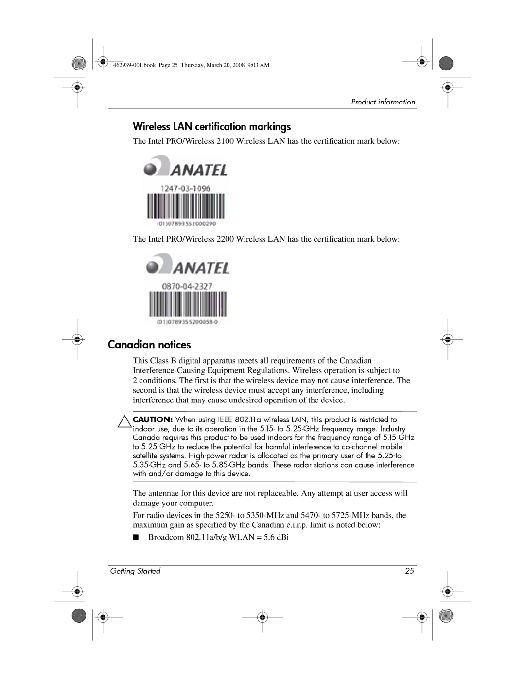 HP 2533T manual Canadian notices, Wireless LAN certification markings 