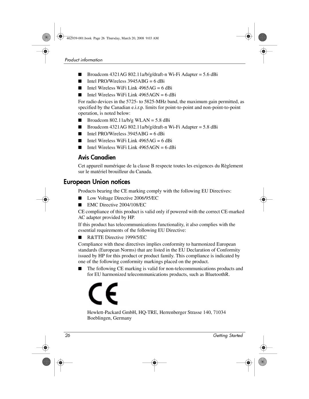 HP 2533T manual European Union notices, Avis Canadien 