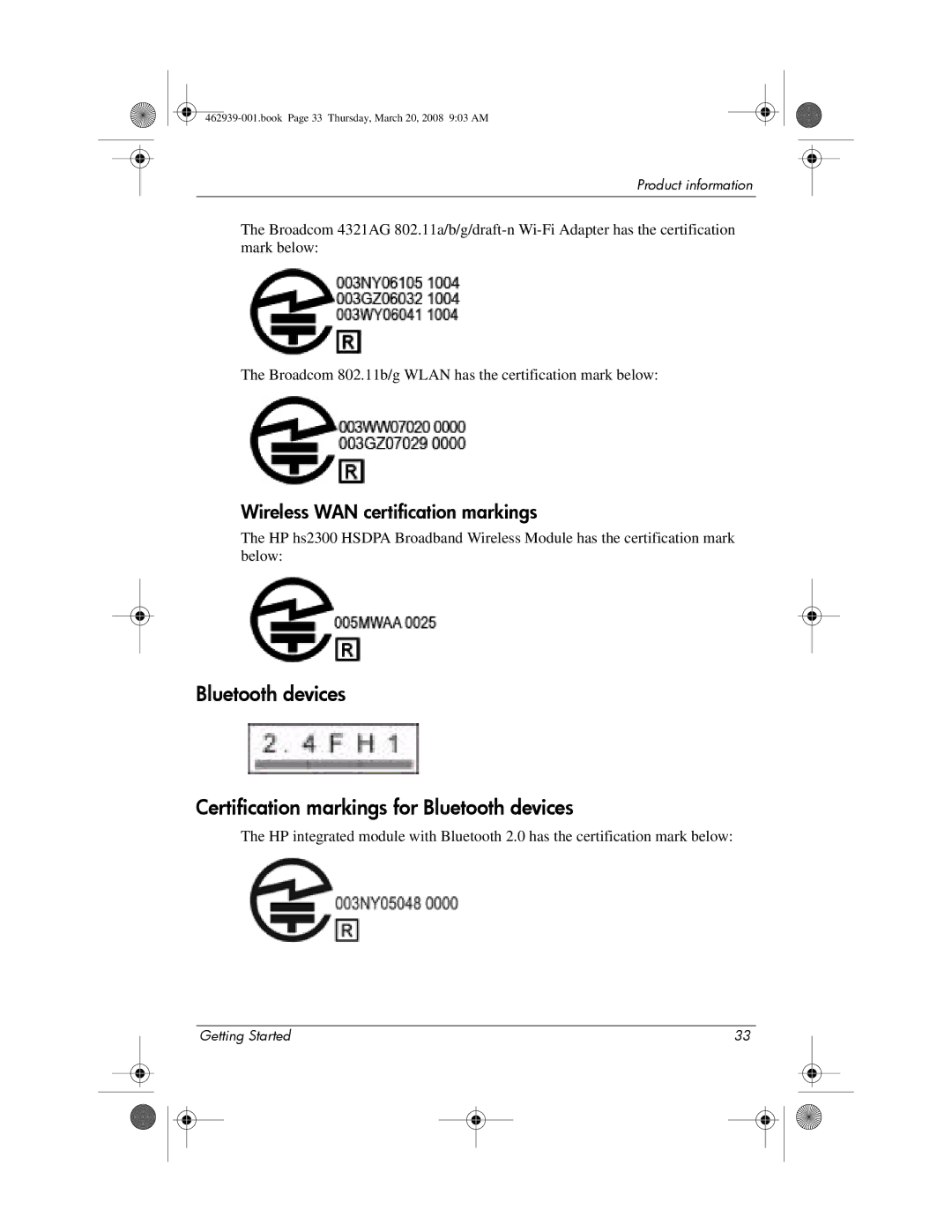 HP 2533T manual Wireless WAN certification markings 