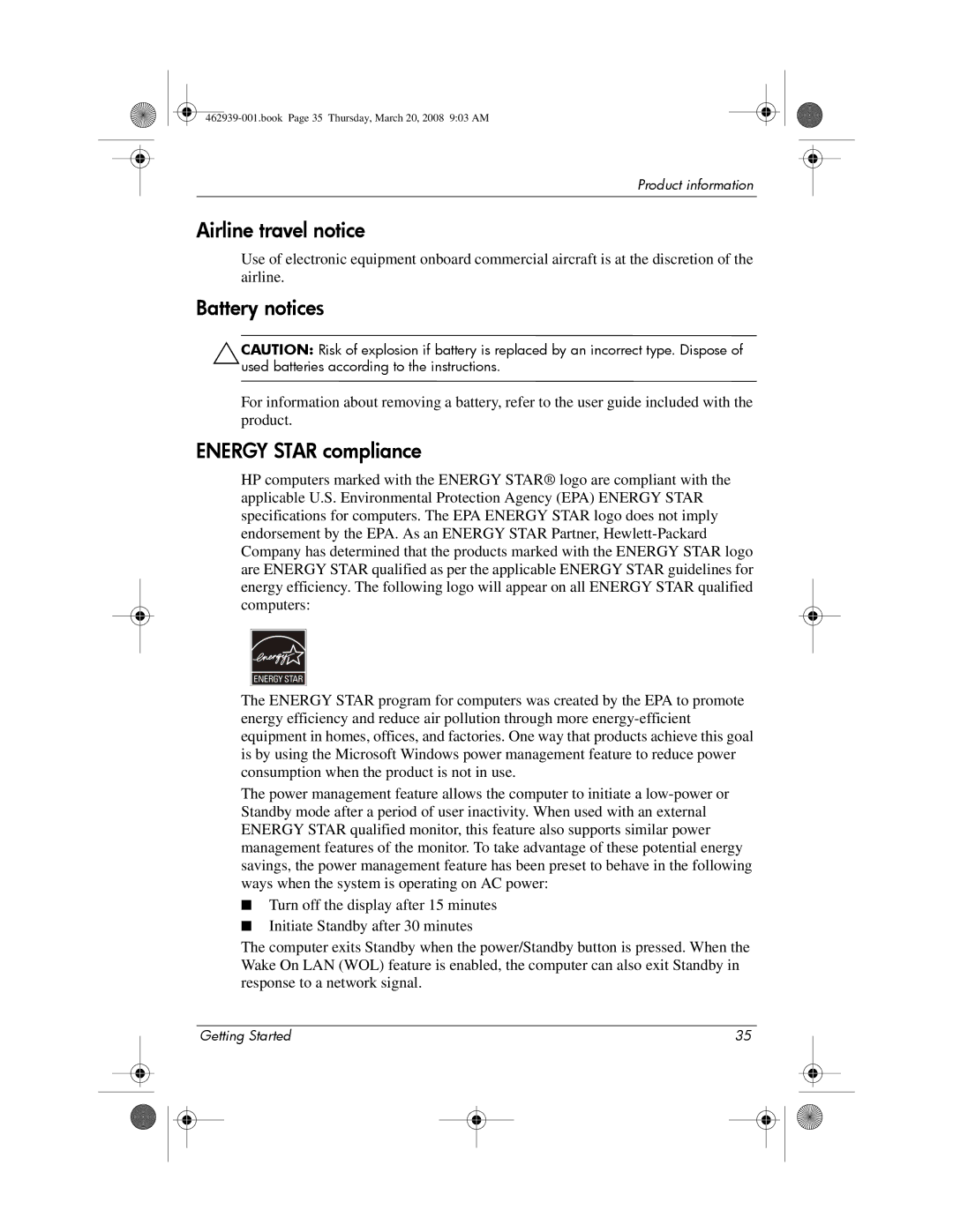 HP 2533T manual Airline travel notice, Battery notices, Energy Star compliance 