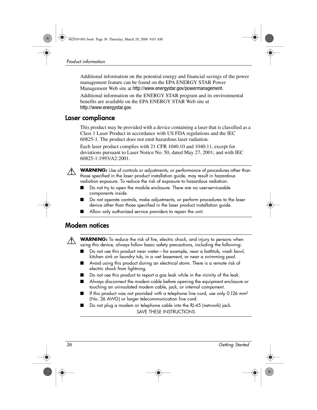 HP 2533T manual Laser compliance, Modem notices 