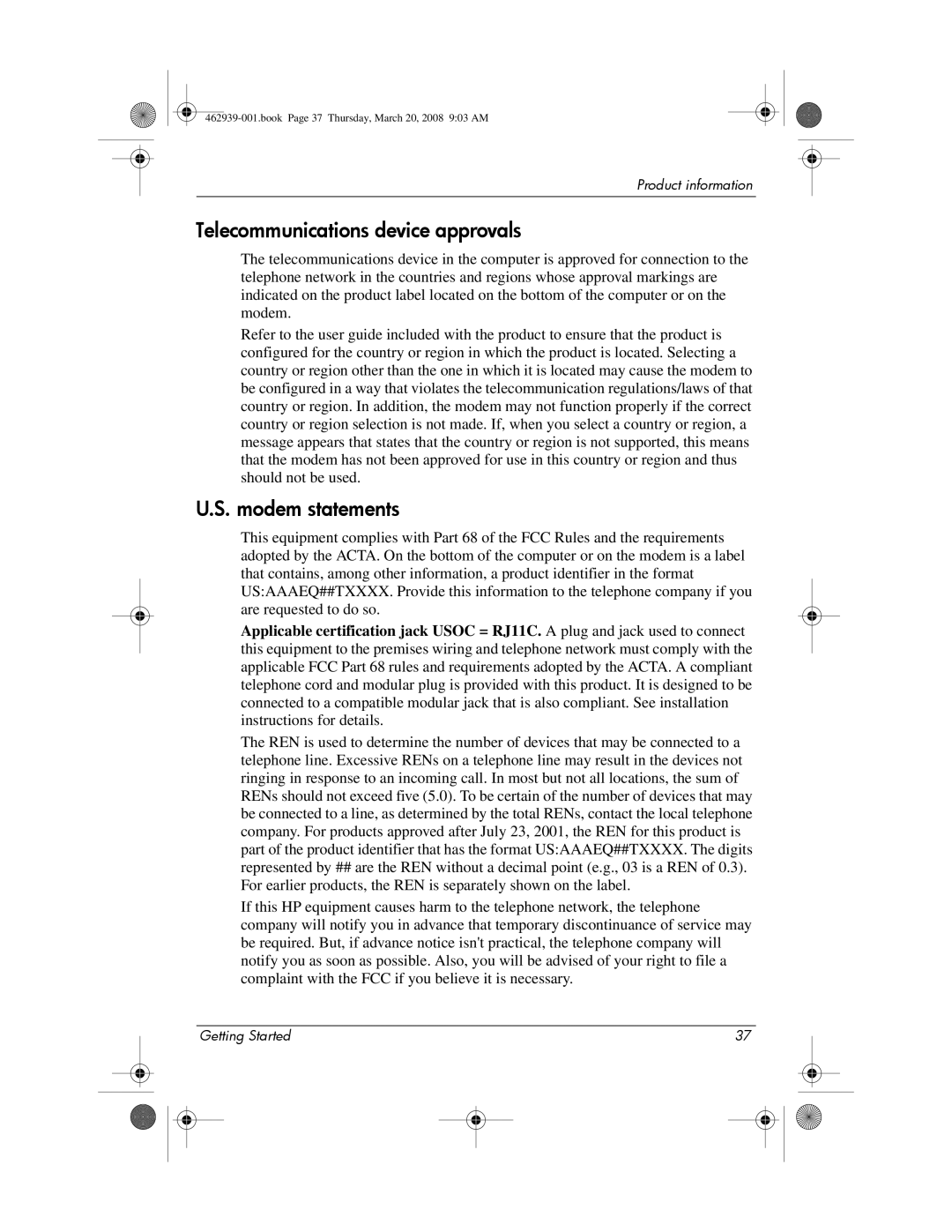 HP 2533T manual Telecommunications device approvals, Modem statements 