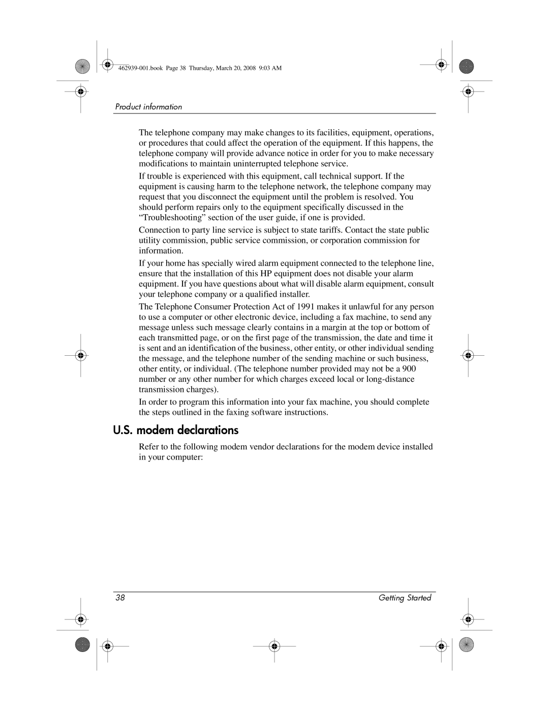 HP 2533T manual Modem declarations 