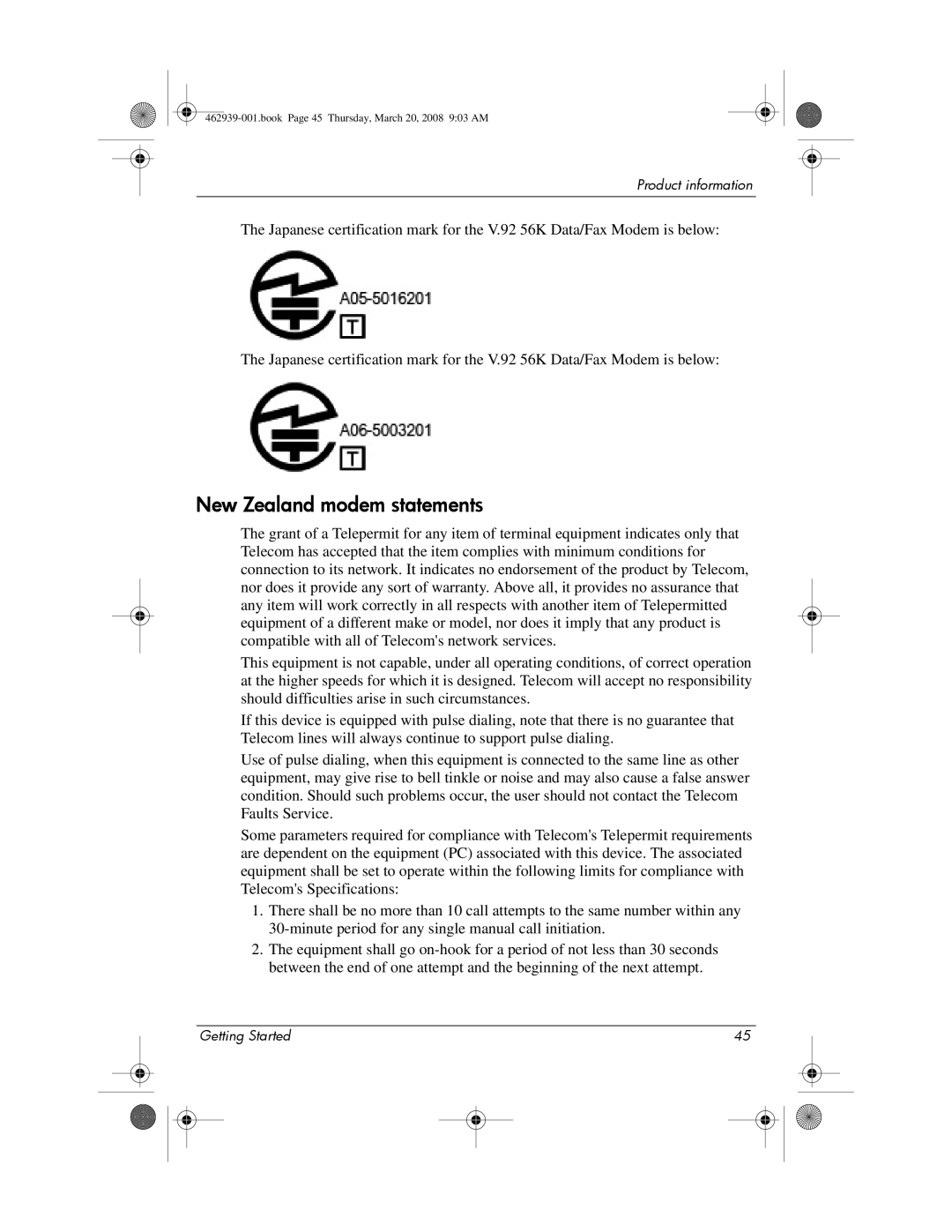 HP 2533T manual New Zealand modem statements 