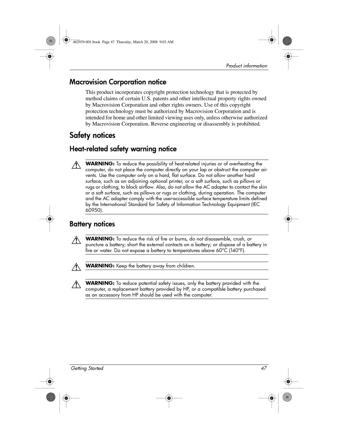 HP 2533T manual Safety notices, Macrovision Corporation notice, Heat-related safety warning notice Battery notices 