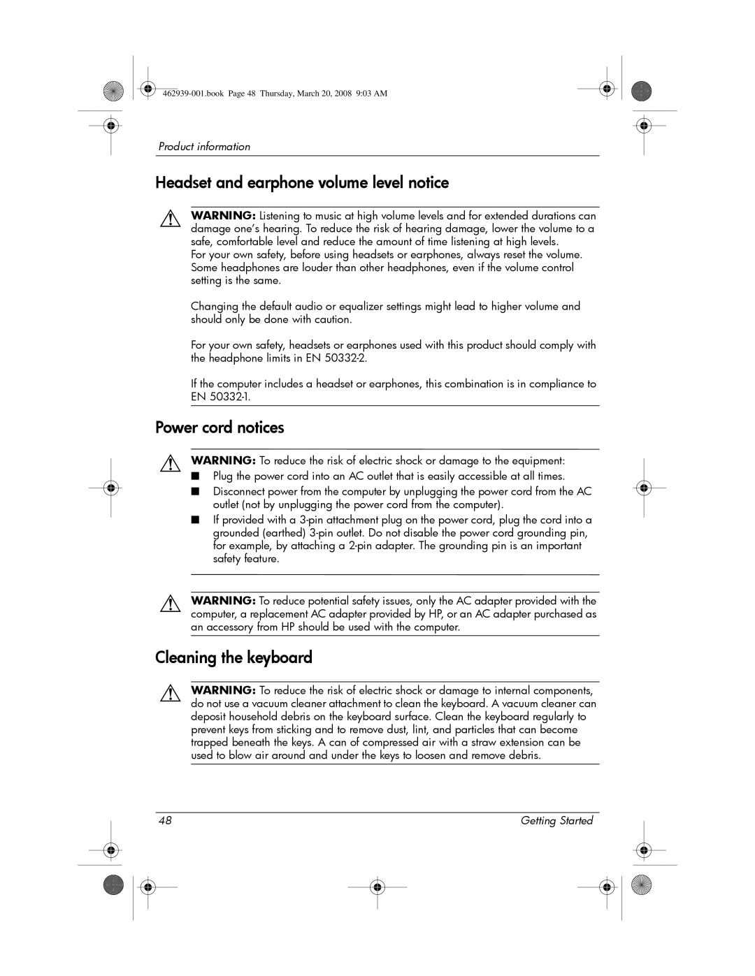 HP 2533T manual Headset and earphone volume level notice, Cleaning the keyboard 