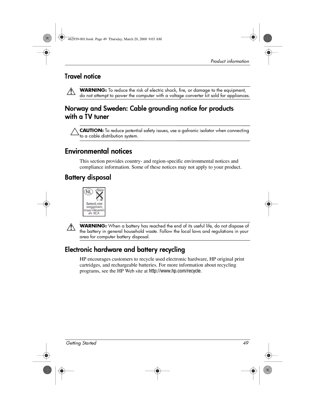 HP 2533T manual Environmental notices, Battery disposal Electronic hardware and battery recycling 