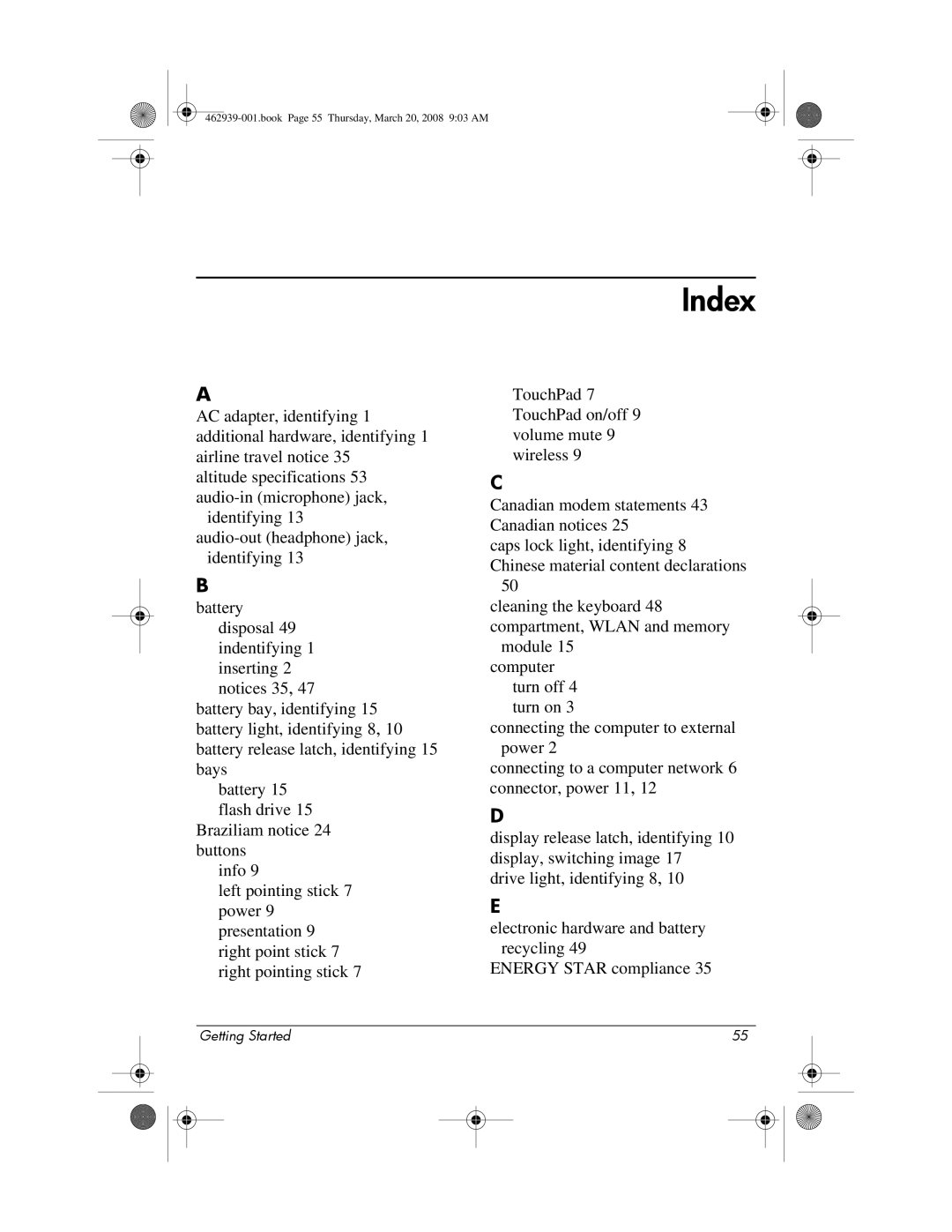 HP 2533T manual Index 