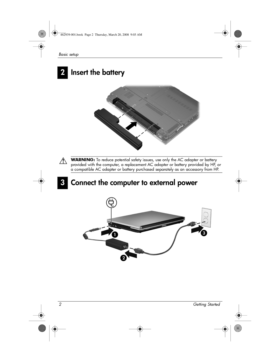 HP 2533T manual Insert the battery Connect the computer to external power 