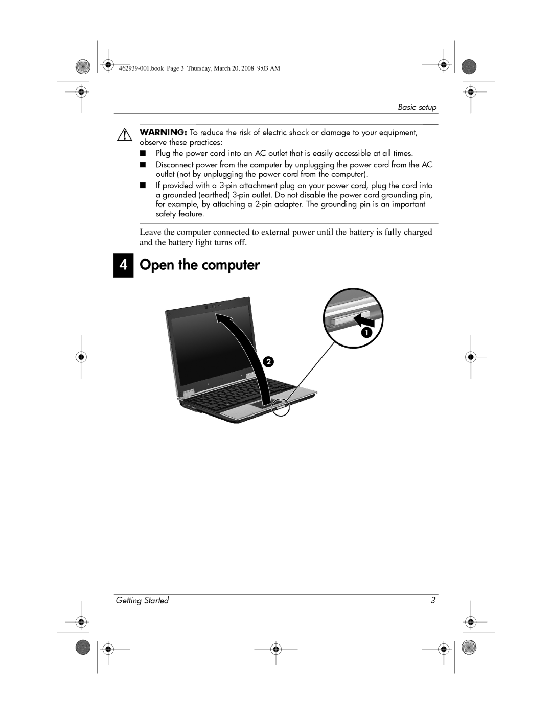 HP 2533T manual Open the computer 