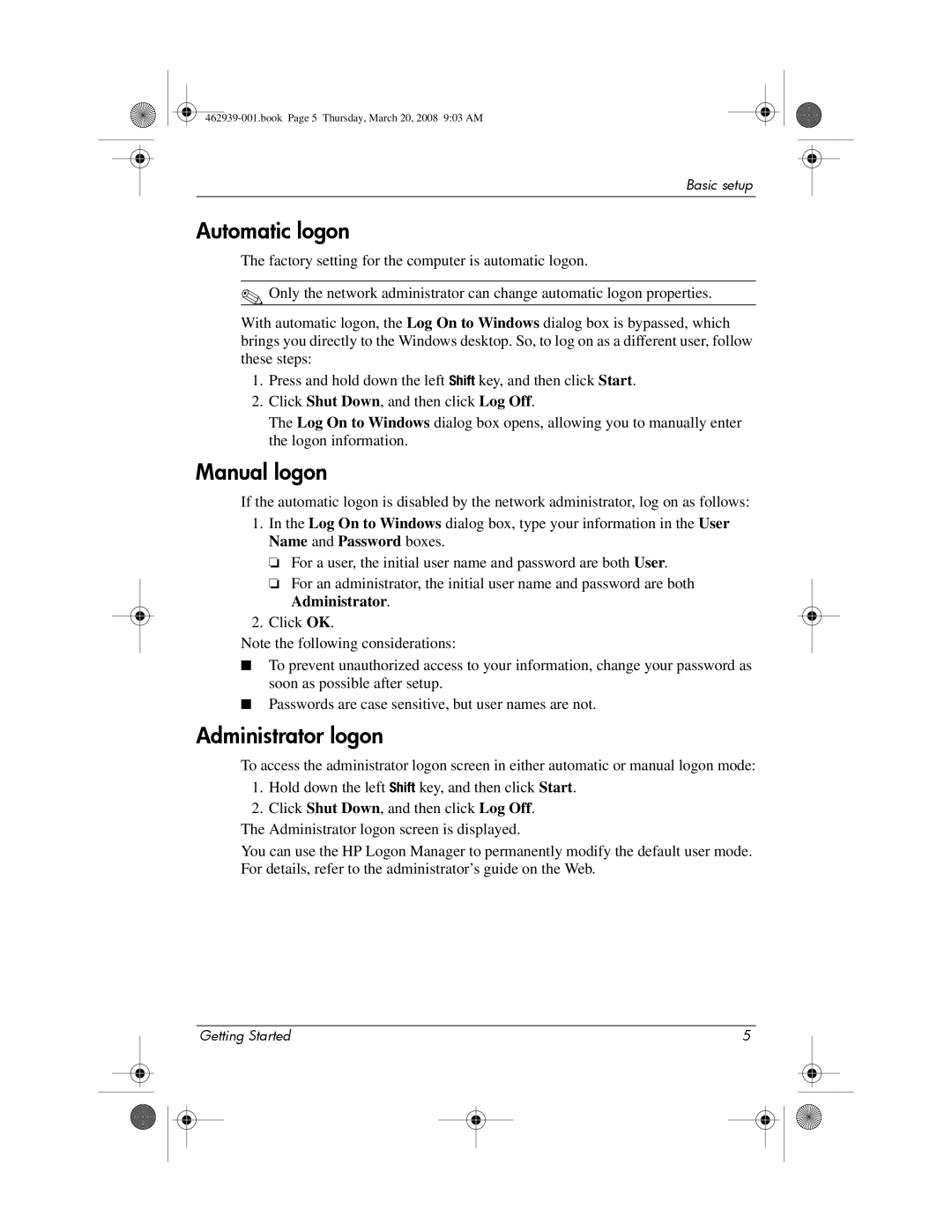 HP 2533T manual Automatic logon, Manual logon, Administrator logon 