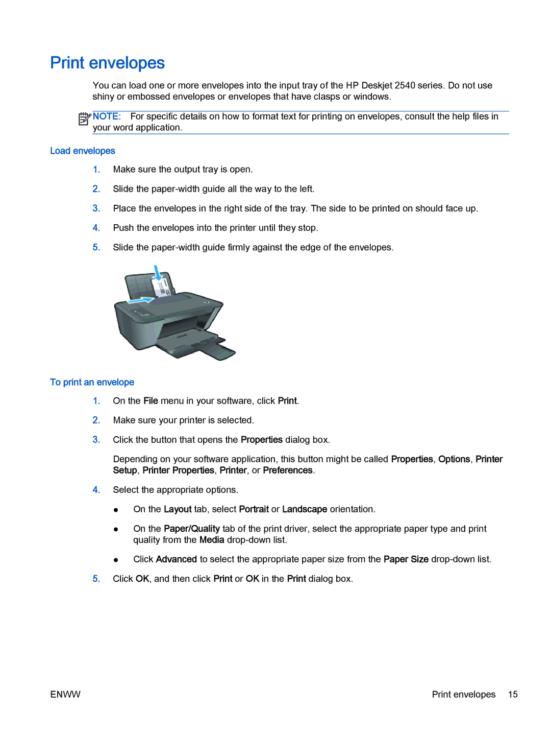 HP 2540 A9U22A#B1H manual Print envelopes, Load envelopes, To print an envelope 