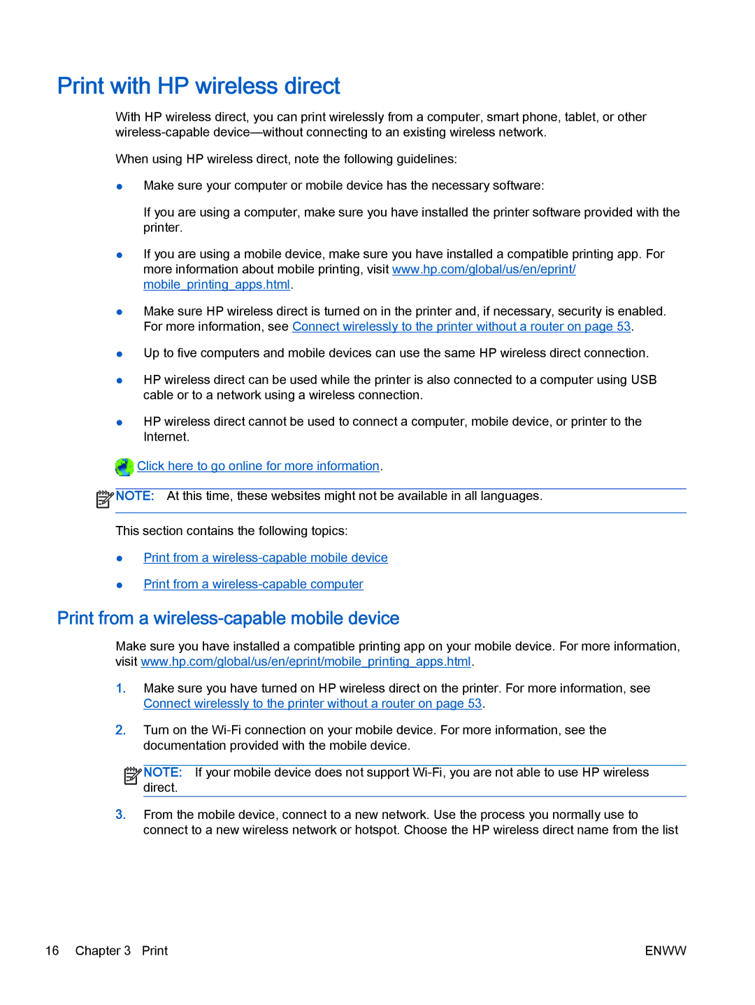 HP 2540 A9U22A#B1H manual Print with HP wireless direct, Print from a wireless-capable mobile device 