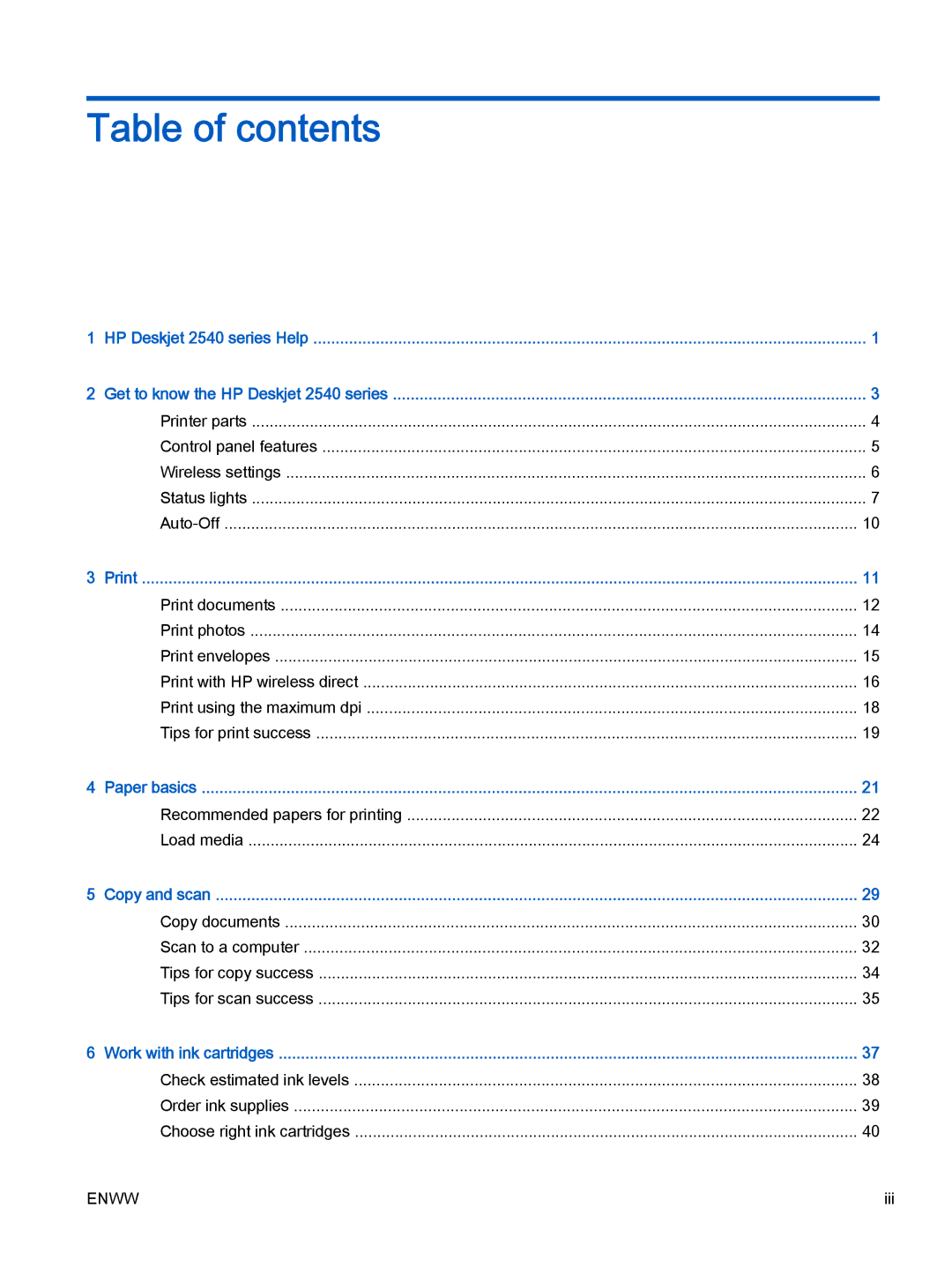 HP 2540 A9U22A#B1H manual Table of contents 