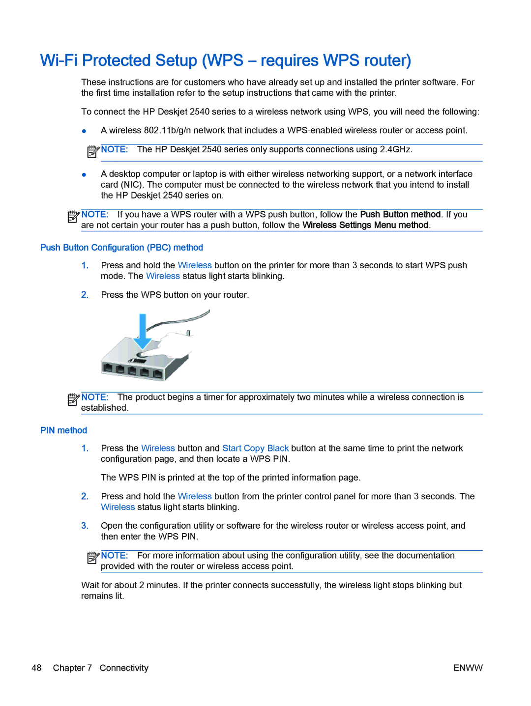 HP 2540 A9U22A#B1H manual Wi-Fi Protected Setup WPS requires WPS router, Push Button Configuration PBC method, PIN method 