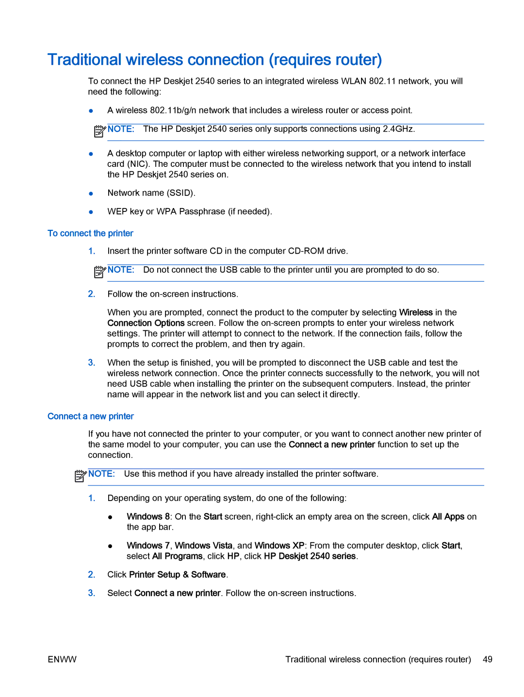 HP 2540 A9U22A#B1H manual Traditional wireless connection requires router, To connect the printer, Connect a new printer 